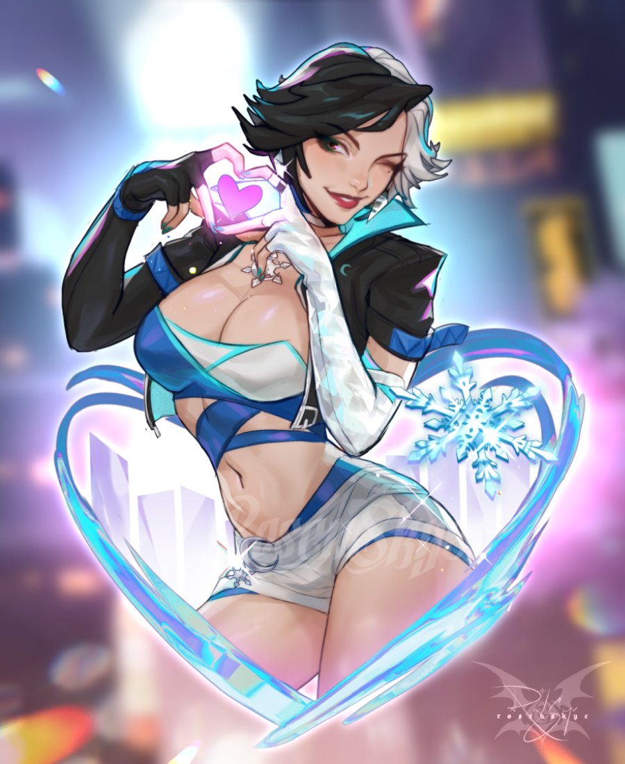 1girls, alternate breast size, ass, big ass, big boobs, big breasts, breasts, cleavage, clothed, curvy, curvy figure, female, female only, heart symbol, hourglass figure, human, ice, light skin, light-skinned female, luna snow, luna snow (marvel rivals), marvel, marvel comics, marvel rivals, painted nails, rosenskye, small clothes, smile, standing, thick thighs, thighs, wide hips, wink