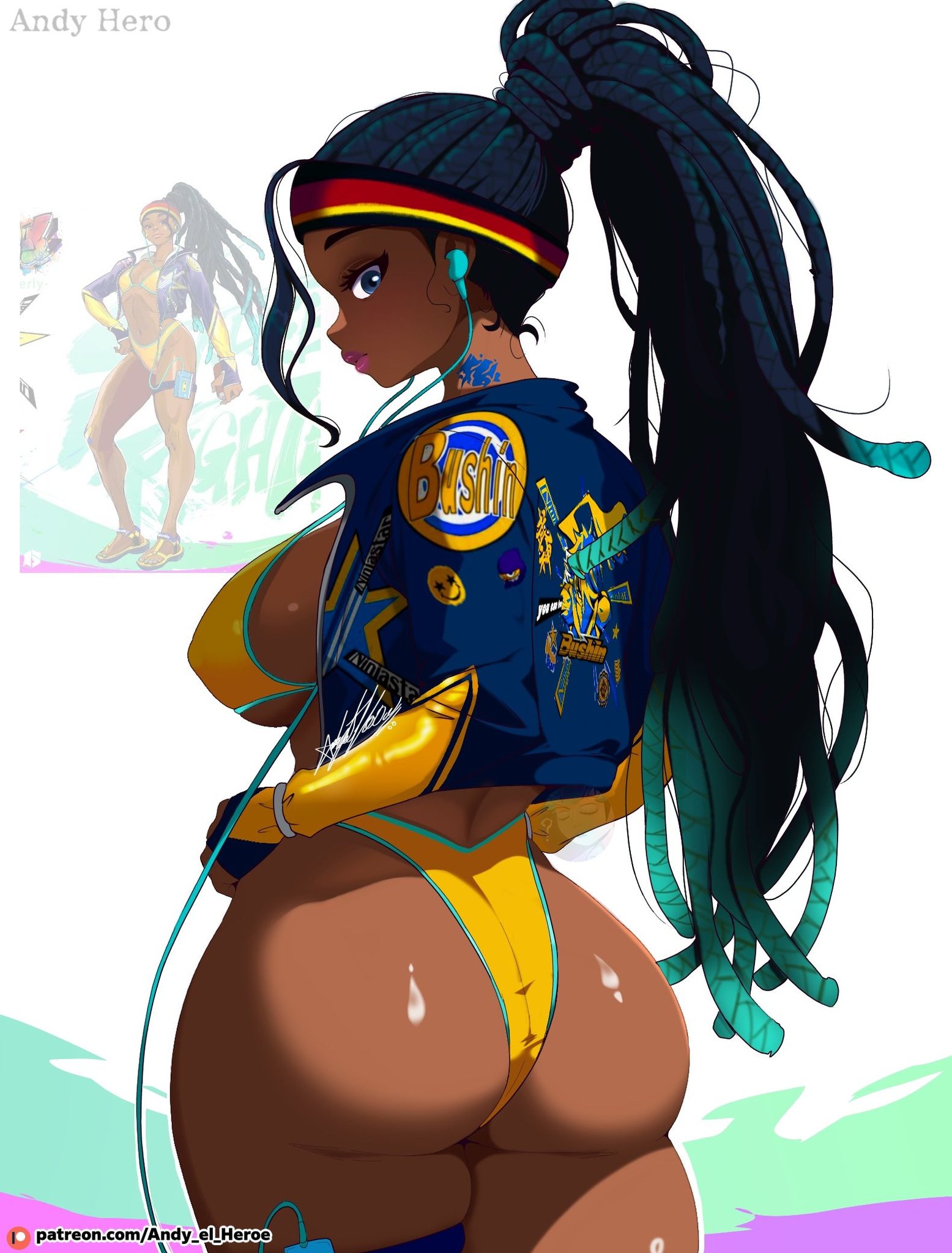 1girls, andy hero, big ass, big breasts, big butt, black hair, breedable hips, dark-skinned female, earphones, female, kimberly jackson, large breasts, long hair, mesmerizing ass, shiny skin, solo, standing, street fighter, street fighter 6, thick thighs, wide hips