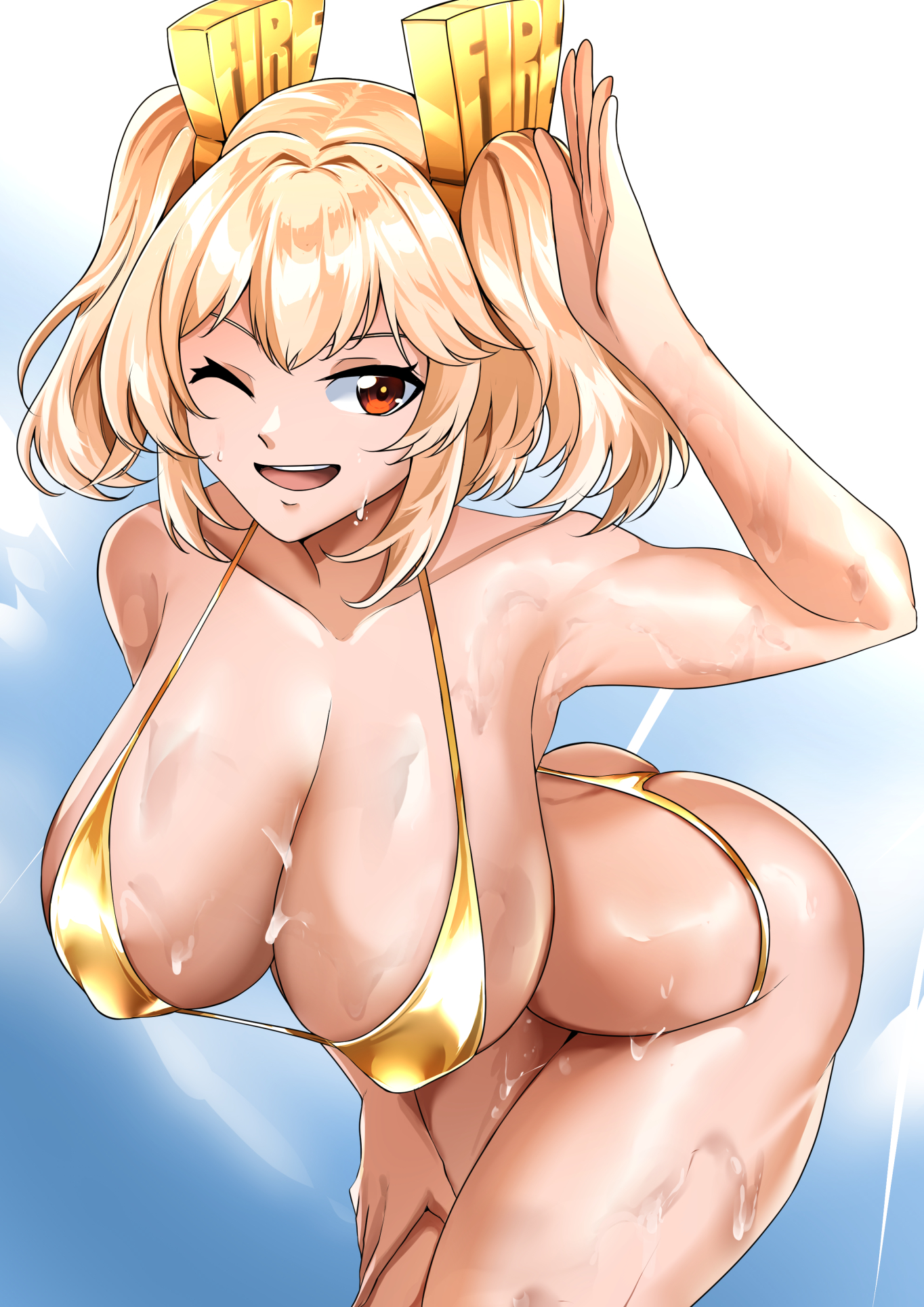 1girls, ass, big ass, big breasts, big hipped, big thighs, blonde hair, breasts, breasts bigger than head, burnice white, cleavage, edited by arythmia, female, female focus, female only, human, looking at viewer, micro bikini, pose, red eyes, sa9x9, sagging breasts, simple background, smiley face, sons of calydon, sweat, sweatdrop, sweating, thick ass, thick hips, thick thighs, twintails, wink, winking at viewer, zenless zone zero