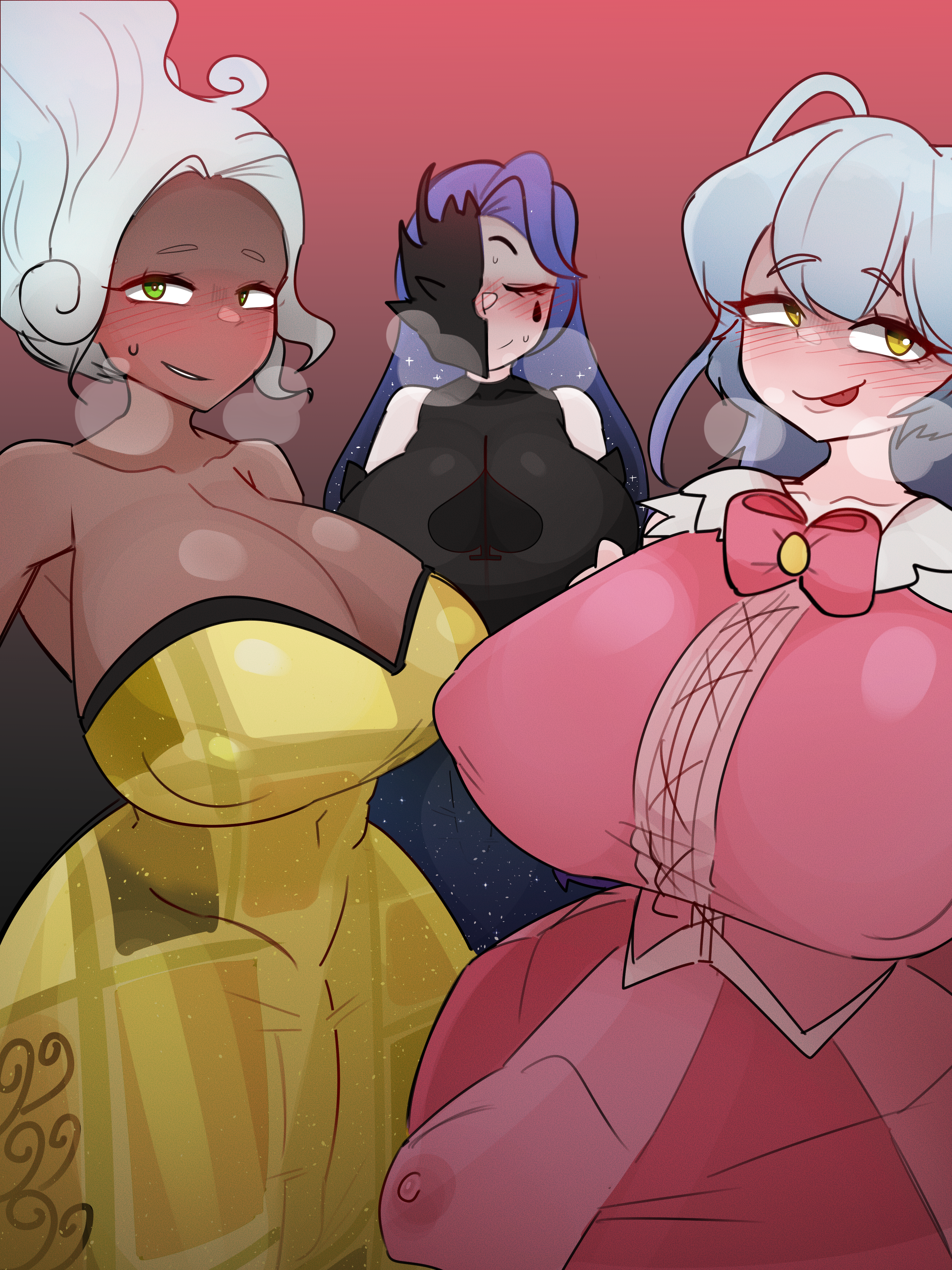 3futas, abnormality (project moon), big breasts, big penis, breasts, brown body, clothed, clothing, dark blue hair, dark skin, dark-skinned futa, dress, erection, erection under clothes, female, floating hair, fully clothed, futanari, golden dress, green eyes, huge breasts, intersex, king of greed, knight of despair, library of ruina, light skin, light-skinned futa, lobotomy corporation, long hair, looking at viewer, lustful gaze, meowbox, multicolored hair, nipple bulge, nipples visible through clothing, panting, peach skin, penis, penis visible through clothing, penis visible through skirt, project moon, queen of hatred, short hair, spade, standing, tenting, tongue, tongue out, white skin, yellow eyes