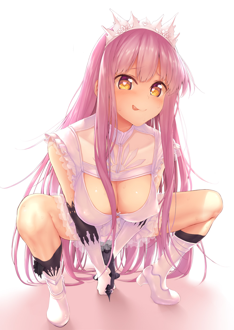 1girls bangs beauty_love black_legwear blunt_bangs blush boots breasts cleavage dildo erect_nipples fate/grand_order fate_(series) female full_body fur_trim gloves heart heart-shaped_pupils highres large_breasts licking_lips long_hair looking_at_viewer masturbation medb_(fate) pink_hair see-through solo squatting symbol-shaped_pupils tiara tongue tongue_out very_long_hair white_boots white_gloves yellow_eyes