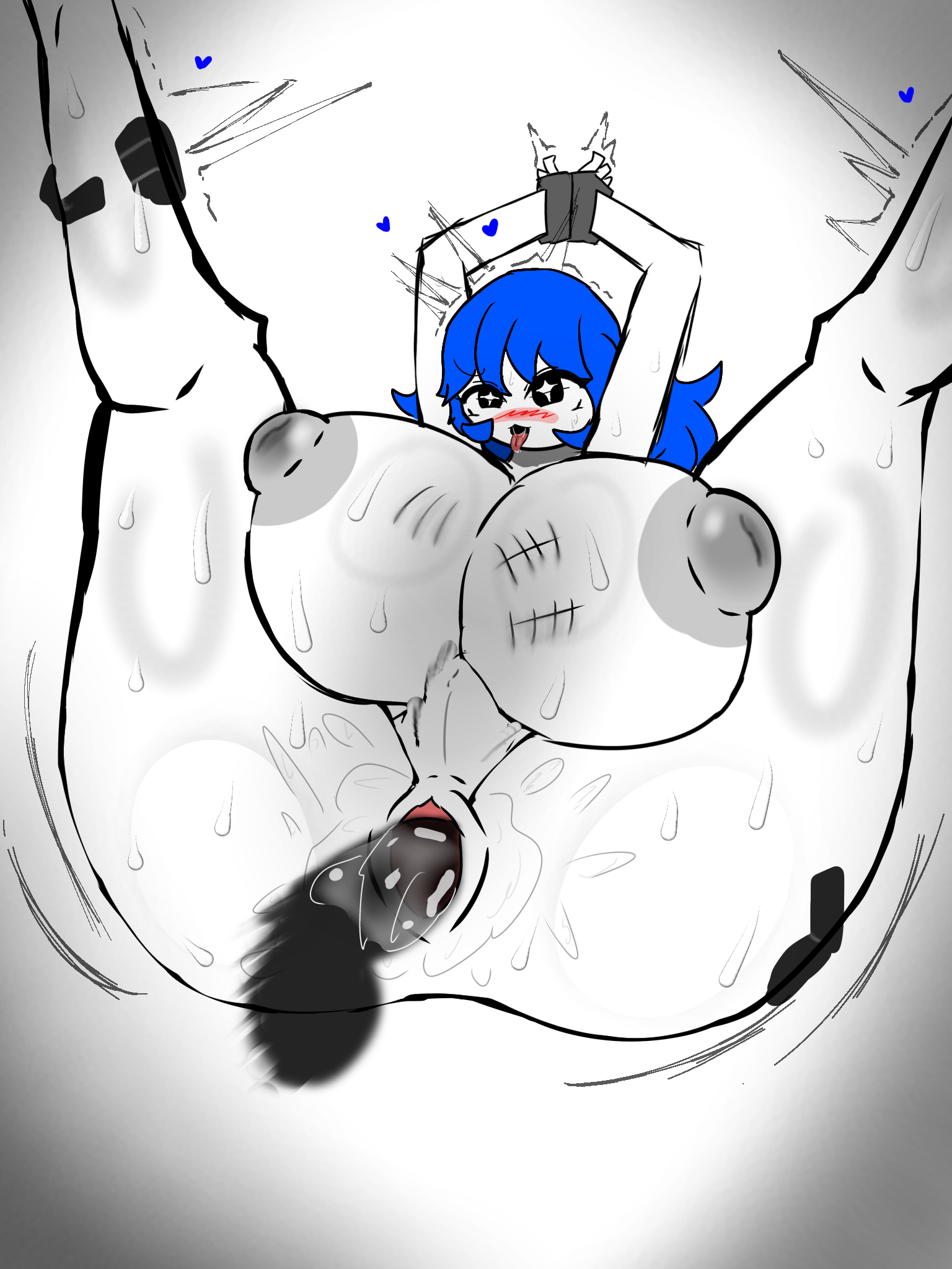 ass, belly bulge, bizzarekatze, blue hair, blush, body writing, bongbong, breasts, cum, cum in pussy, cum inside, eyes rolling back, female, huge ass, huge breasts, lobotomy corporation, project moon, pussy, sketch, sweatdrop, sweating, tied hands, tongue, tongue out, white body