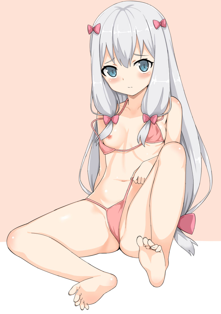 artist request, barefoot, bikini, blue eyes, blush, bow, breasts, closed mouth, eromanga sensei, female, hairbow, izumi sagiri, long hair, looking at viewer, navel, nipples, no shoes, pink bikini, pink bow, sitting, small breasts, soles, solo, toes, two-tone background, white hair