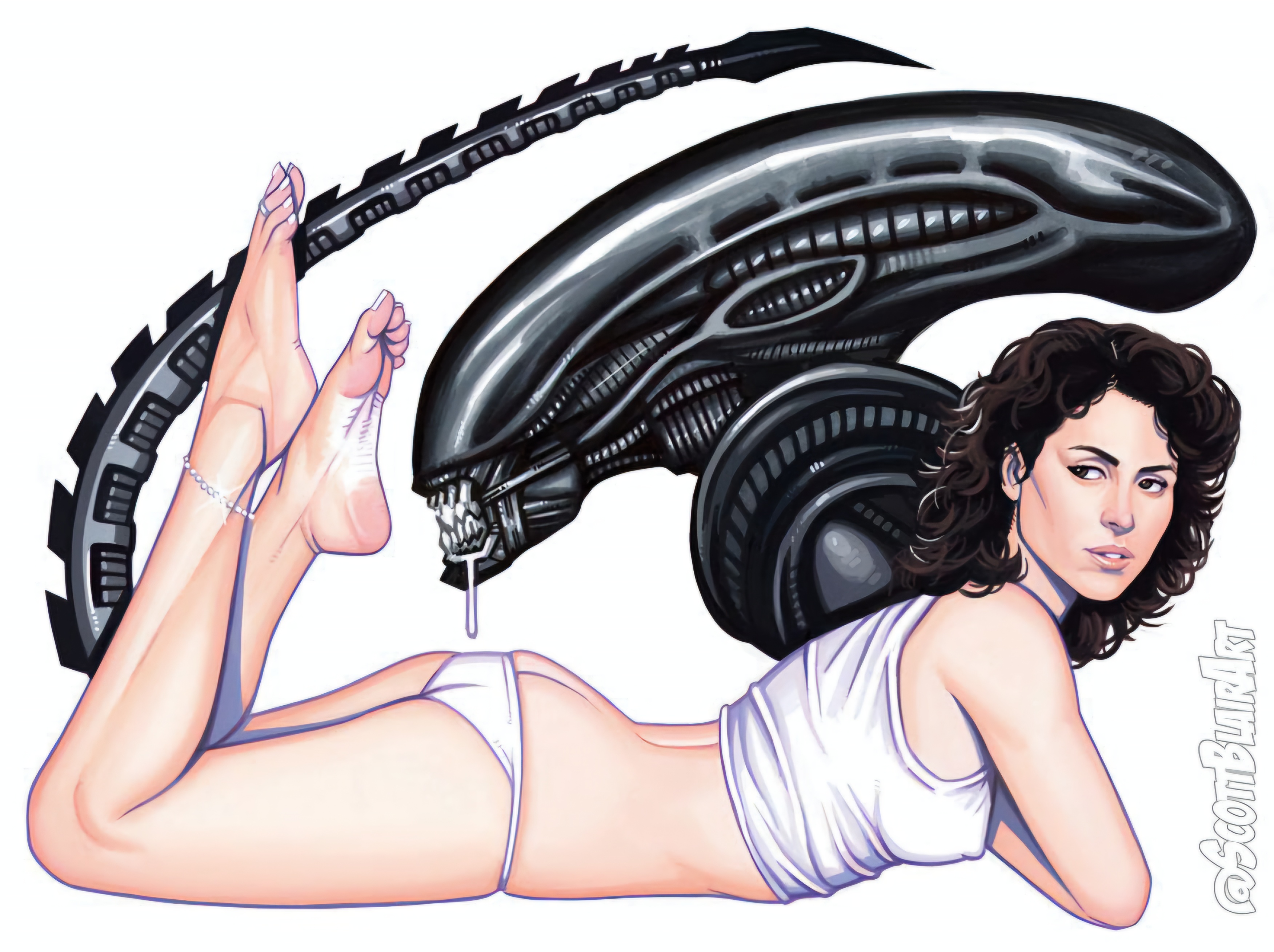 1girls, 2022, 2d, alien (franchise), anklet, ass, barefoot, black hair, breasts, butt crack, calf muscles, ellen ripley, feet, female, female human, foot fetish, human, human female, interspecies, monster, monster on female, muscles, panties, pinup, scott blair, sigourney weaver, tagme, tank top, toes, white background, white panties, white tank top, xenomorph, xenomorph tail