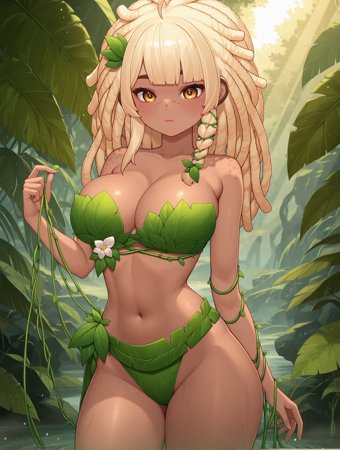 1girls, ai generated, amber eyes, animal ears, bananajuju, big breasts, bikini, blonde hair, breasts, dreadlocks, female, indie virtual youtuber, jungle, leaf bikini, looking at viewer, monkey girl, outdoors, tan body, thick thighs, virtual youtuber