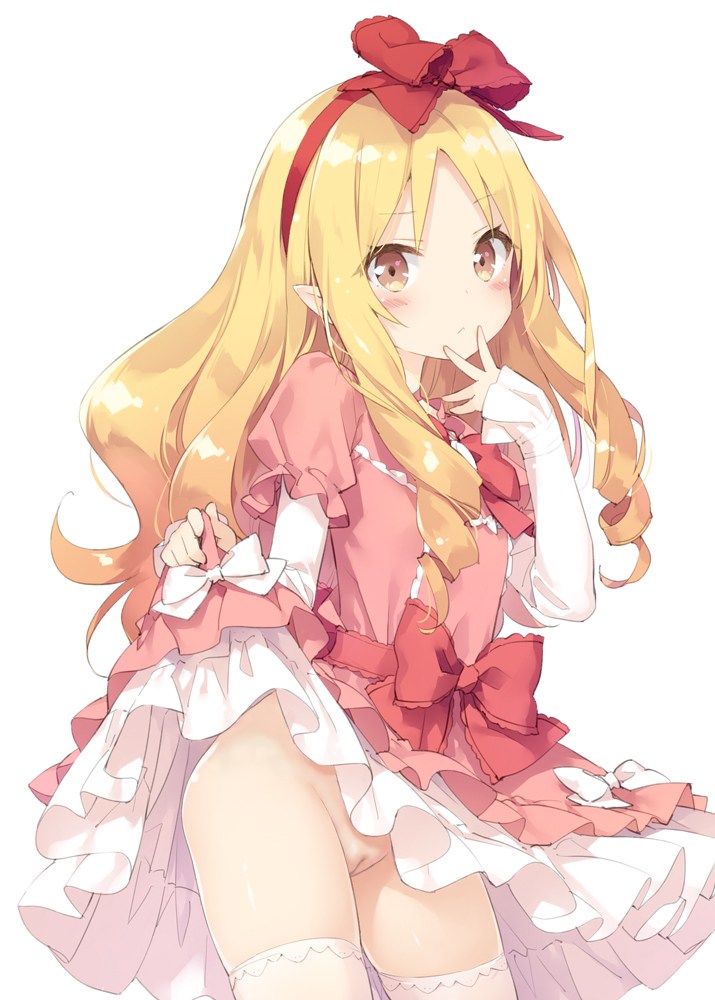 :< blonde_hair blush bow bowtie brown_eyes contrapposto dress dress_lift drill_hair eromanga_sensei eyebrows_visible_through_hair female finger_to_face hairband hairbow layered_dress lifted_by_self lolita_fashion long_sleeves no_panties peko pointy_ears puffy_short_sleeves puffy_sleeves pussy red_bow red_bowtie red_eyes red_hairband sash shiny shiny_hair short_sleeves simple_background solo standing tareme thighhighs thighs uncensored upskirt white_background white_bow white_legwear yamada_elf