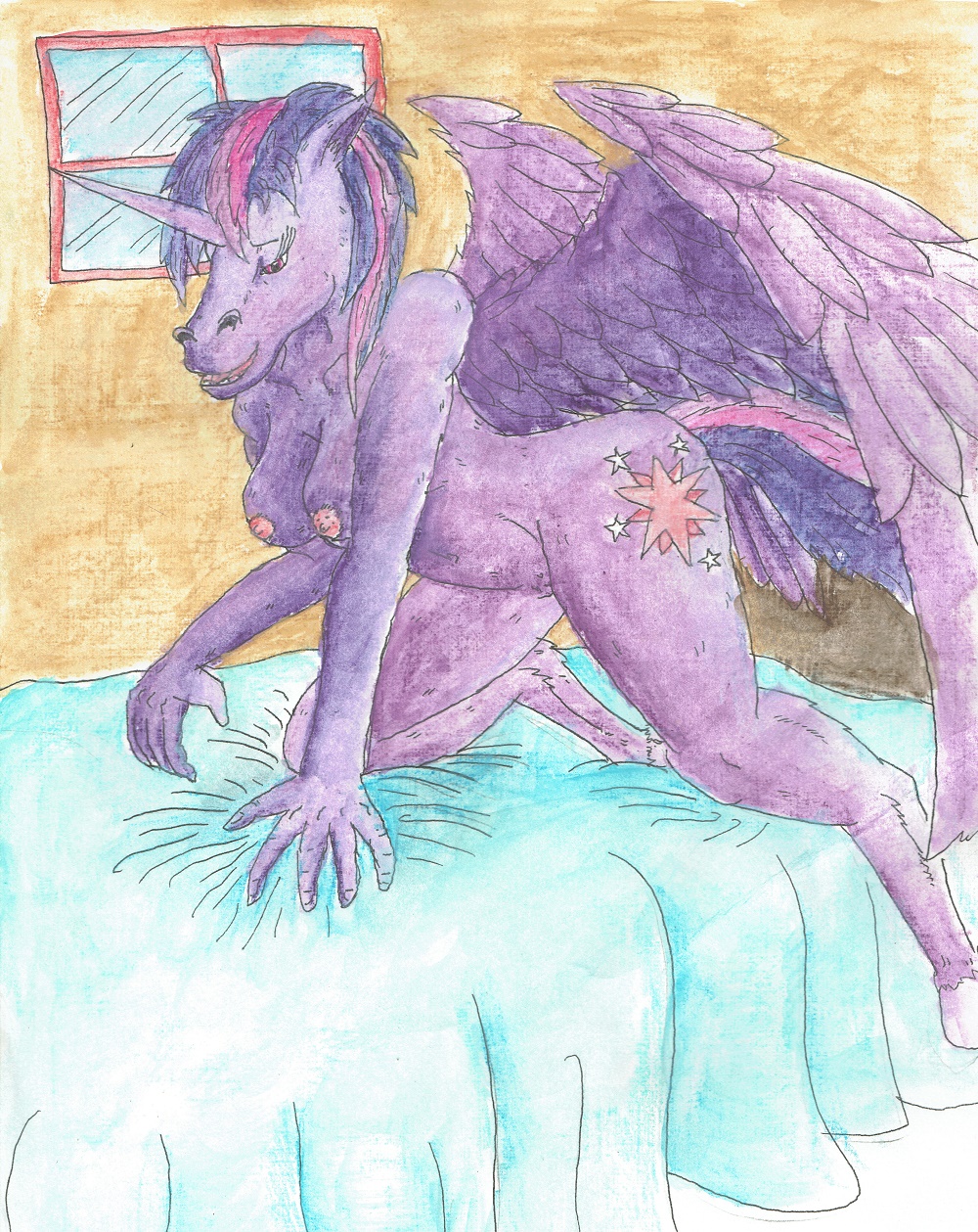 2017 alicorn anthro bed bedroom breasts cutie_mark equine feathers female friendship_is_magic fur hair hooves horn horse invalid_tag mammal my_little_pony nipples nude nyghtmar3 pony pussy seductive smile solo traditional_media_(artwork) twilight_sparkle_(mlp) watercolor_(artwork) wings