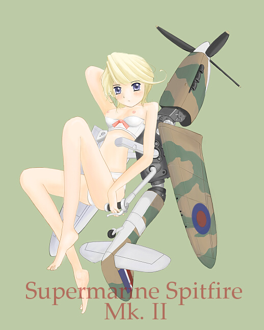 airplane barefoot blonde_hair blue_eyes feet female lingerie mecha_musume military nano_(character) personification royal_air_force supermarine_spitfire supermarine_spitfire_mk._ii toes underwear world_war_2