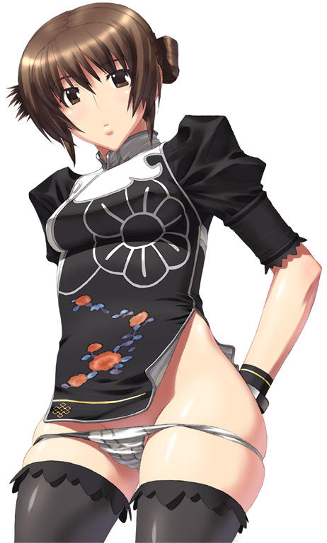 bare_shoulders black_legwear black_thighhighs brown_eyes brown_hair chai_xianghua china_dress chinadress chinese_clothes kansuke panties panty_pull soul_calibur thighhighs underwear