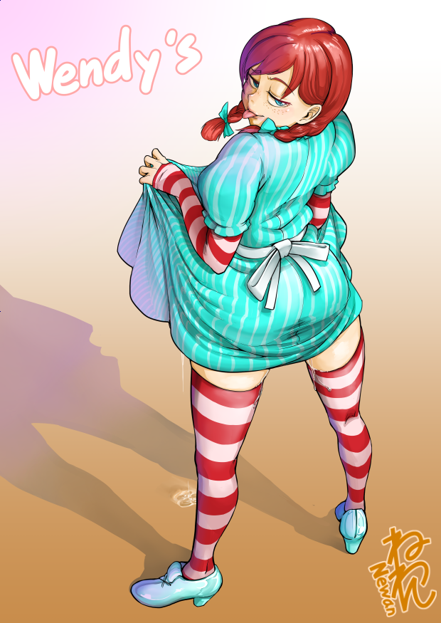 1futa, blue eyes, braids, dress, futa only, futanari, implied futa, intersex, mascot, neone-x, precum, red hair, skirt lift, solo, standing, striped legwear, thighhighs, twin braids, wendy thomas, wendy's