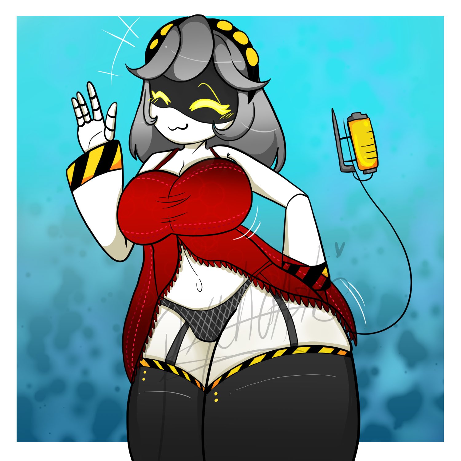 big breasts, breasts, darkxmoza off, disassembly drone, female, female only, garter straps, lingerie, murder drones, red dress, thighhighs, v (murder drones), wide hips