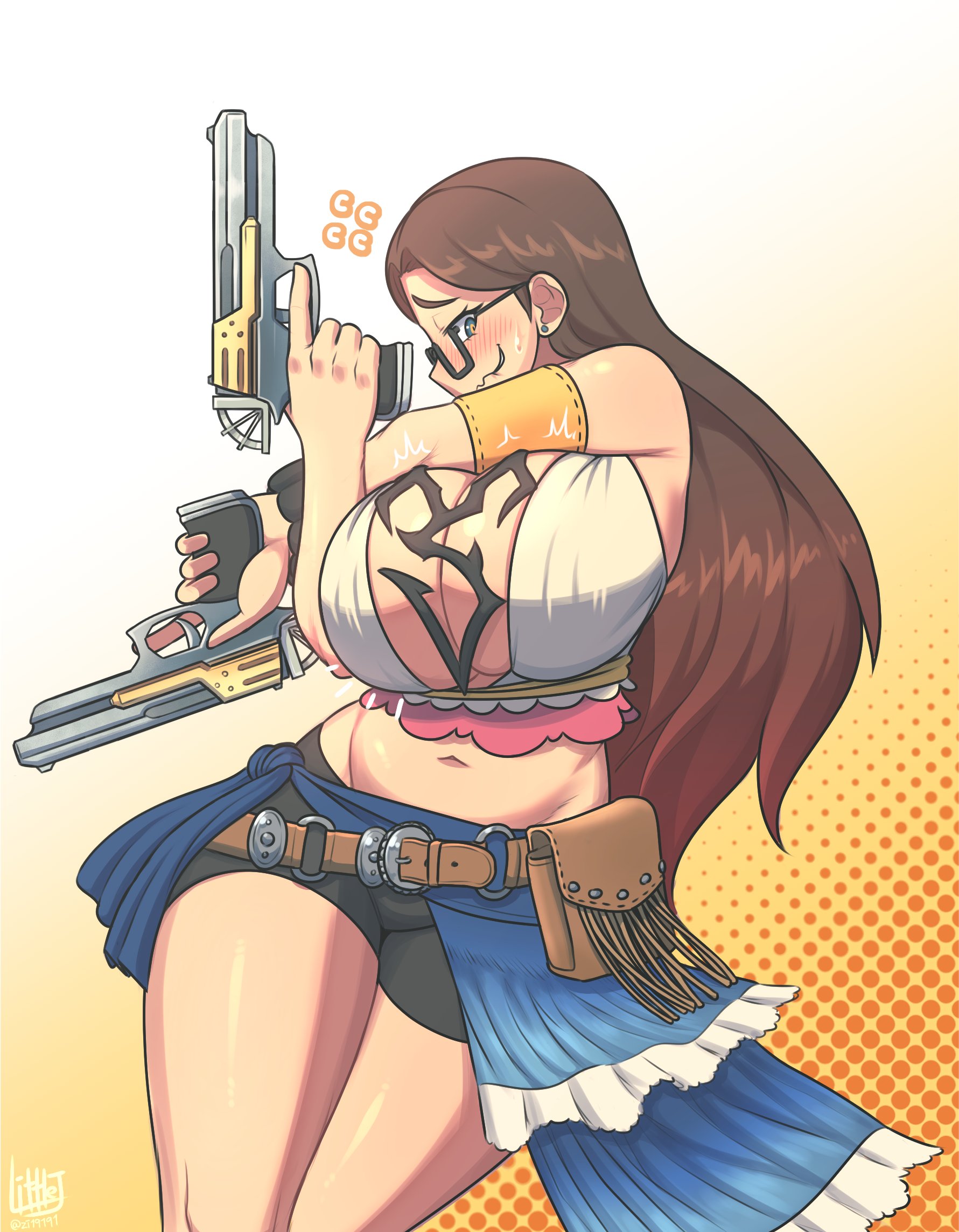 1girls, action pose, artist signature, big breasts, breasts, brown hair, busty, cleavage, comission, cosplay, dual wielding, ear piercing, female, final fantasy, final fantasy x-2, glasses, gun, holding object, holding weapon, inconvenient breasts, light skin, light-skinned female, littlej (zi19191), long hair, midriff, navel, original, original character, pistol, self insert, shorts, solo, sweatdrop, yuna (cosplay)