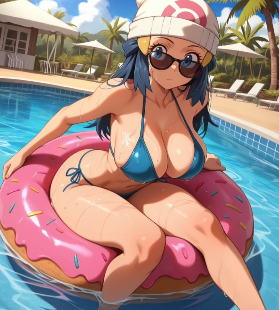 2025, 4kids entertainment, ai generated, anime, belly, black eyebrows, black sunglasses, blue bikini, blue-eyed female, blue-haired female, closed mouth, dawn (pokemon), donut pool toy, female, glaring at viewer, instagram, looking at viewer, meta, mouth closed, nintendo, pokemon, pool background, sunglasses on face, tummy, unknown artist, wet bikini, wet body, wet skin, white hoodie