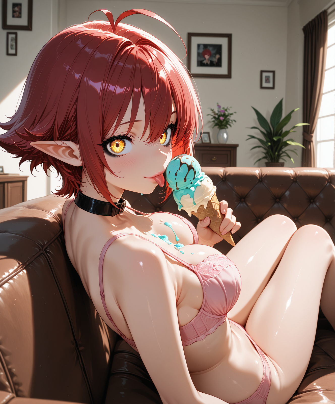 ahoge, ai generated, antenna hair, arm support, bangs, bare arms, bare shoulders, black choker, black collar, blush, bra, breasts, buccha, choker, clavicle, cleavage, clothing, collar, couch, cup, day, eating, elf, eyelashes, female, female only, food, food on body, holding, holding food, ice cream, ice cream cone, indoors, large breasts, light particles, looking at viewer, looking back, medium breasts, melting, navel, on couch, original, panties, pantsu, picture (object), picture frame, pink bra, pink panties, plant, pointy ears, potted plant, red hair, short hair, sidelocks, sitting, smile, solo, sunlight, thighs, tongue, tongue out, underwear, underwear only, window, yellow eyes