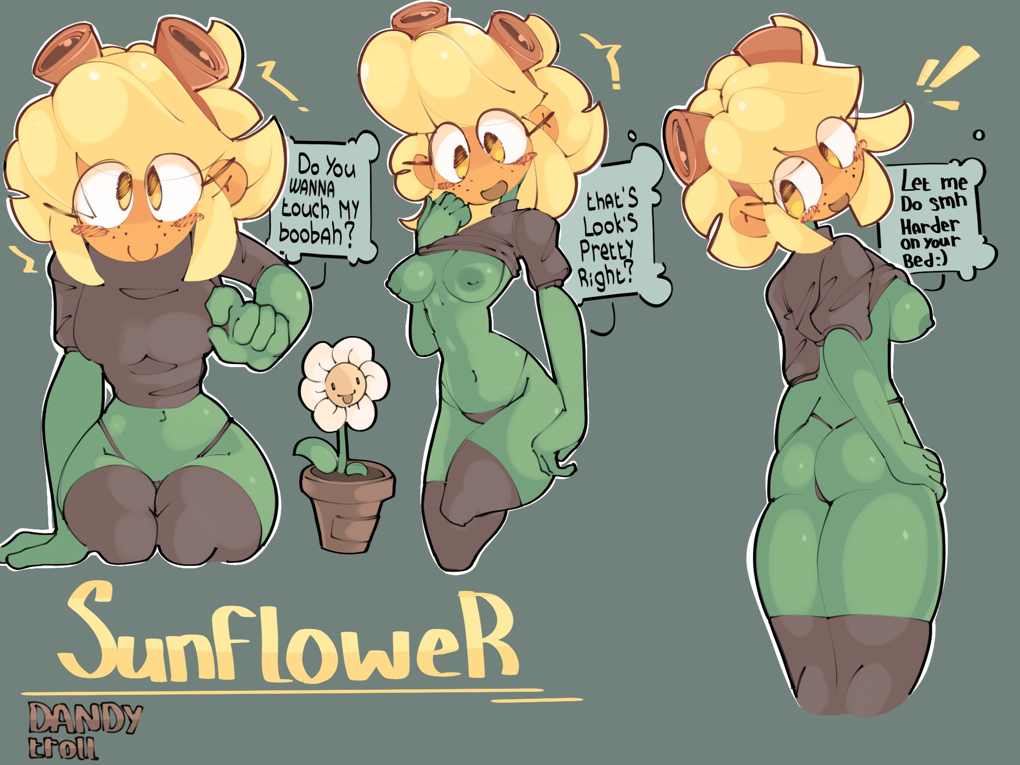 1girls, anthro, anthrofied, ass, breasts, dandytroll, english text, female, female focus, female only, flora fauna, plant, plant girl, plant humanoid, plantie, plants vs zombies, plants vs. zombies, popcap games, pussy, solar flare (pvz), solo, solo female, sunflower (pvz)