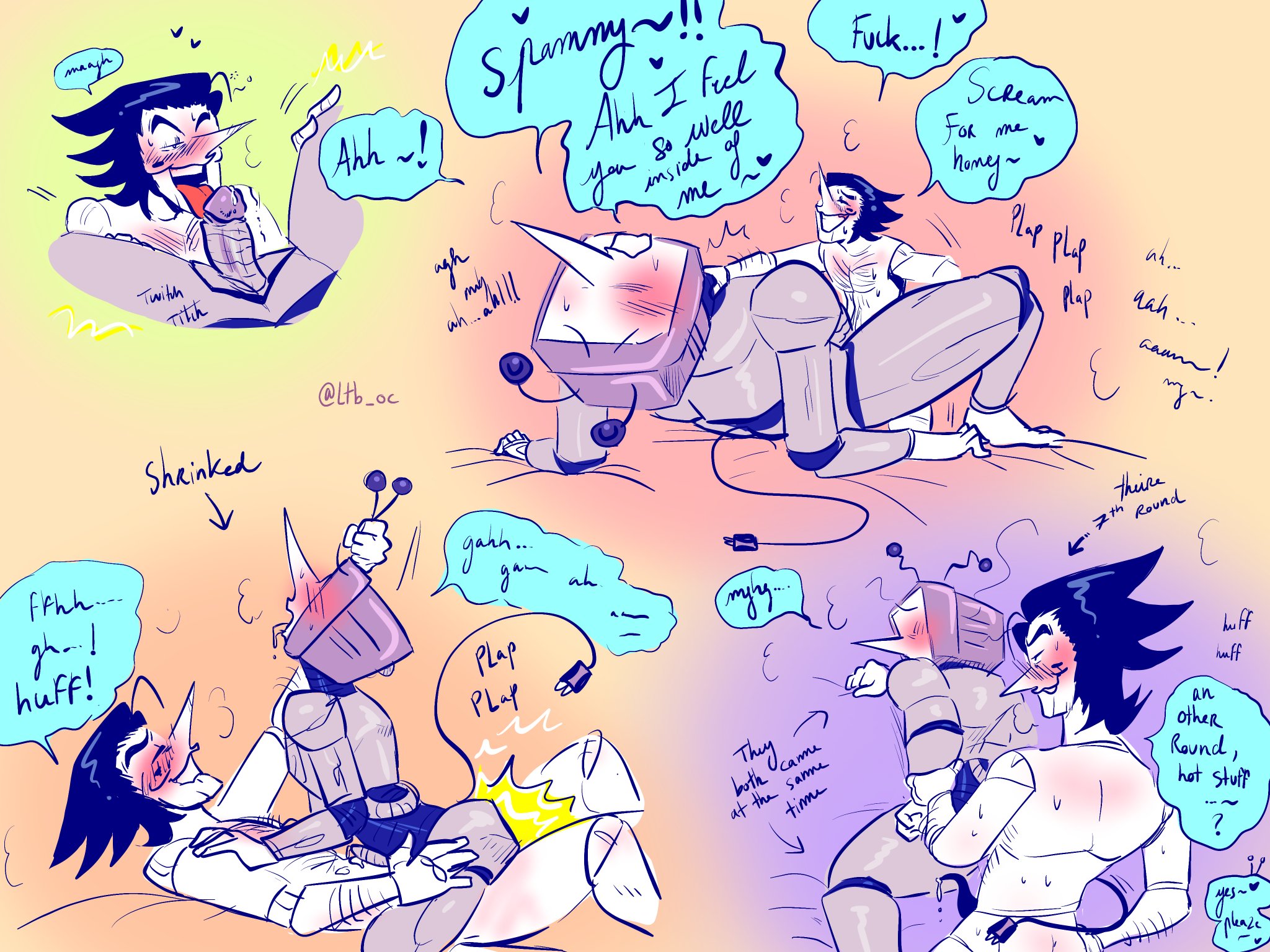 2boys, big bottom, blush, deltarune, gay, male, penetration, penis, small top big bottom, spamtenna, spamton g spamton, tenna (deltarune), yaoi