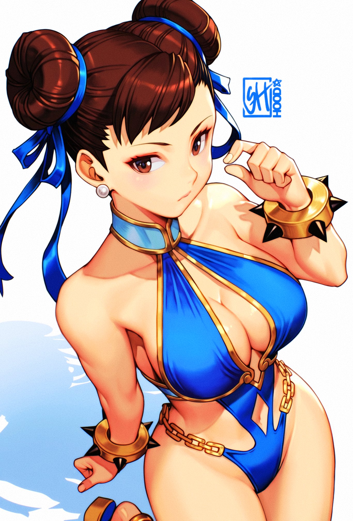 1girls, artist signature, asian, asian female, breasts, brown eyes, brown hair, busty, capcom, chun-li, cleavage, cleavage cutout, curvy, female, hair buns, light skin, light-skinned female, one-piece swimsuit, skaggshood, spiked bracelet, street fighter, swimsuit