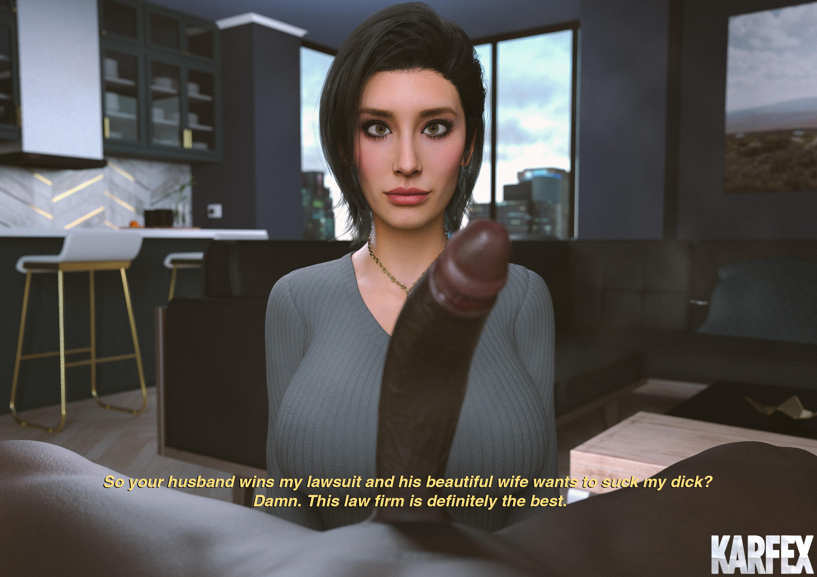 1boy, 1girls, 3d, ashley (karfex), bull pov, cheating, cheating girlfriend, cheating wife, clothed female nude male, dark skin, dark-skinned male, female, imminent oral, interracial, karfex, light skin, light-skinned female, male, ntr, oral, pov, text