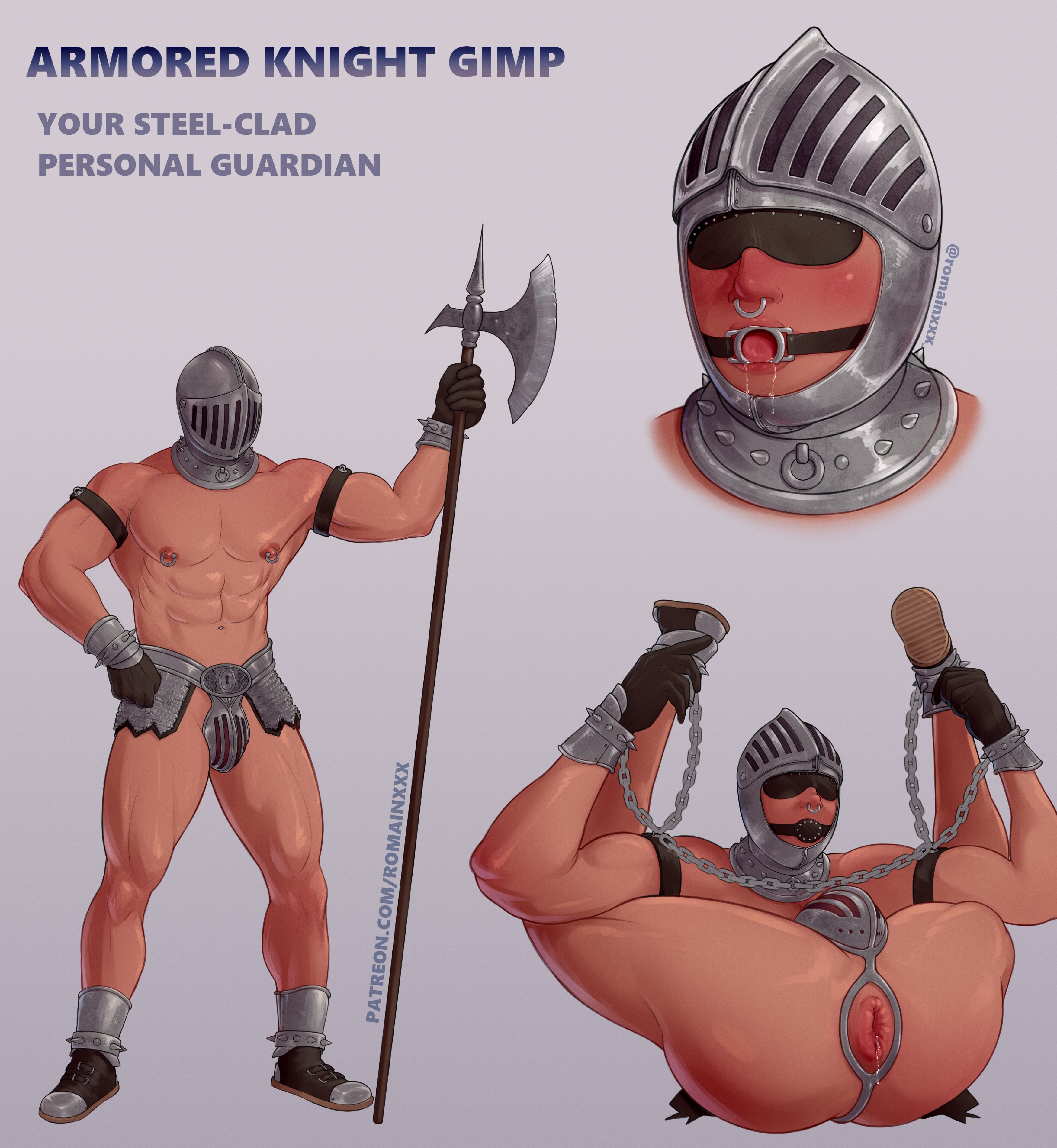 armor, blindfold, blush, chastity cage, chastity device, gag, gay, helmet, knight, legs behind head, legs up, male, male only, mouth gag, naked, nipple piercing, nipples, piercing, puffy anus, romainxxx, saliva trail, septum piercing, septum ring