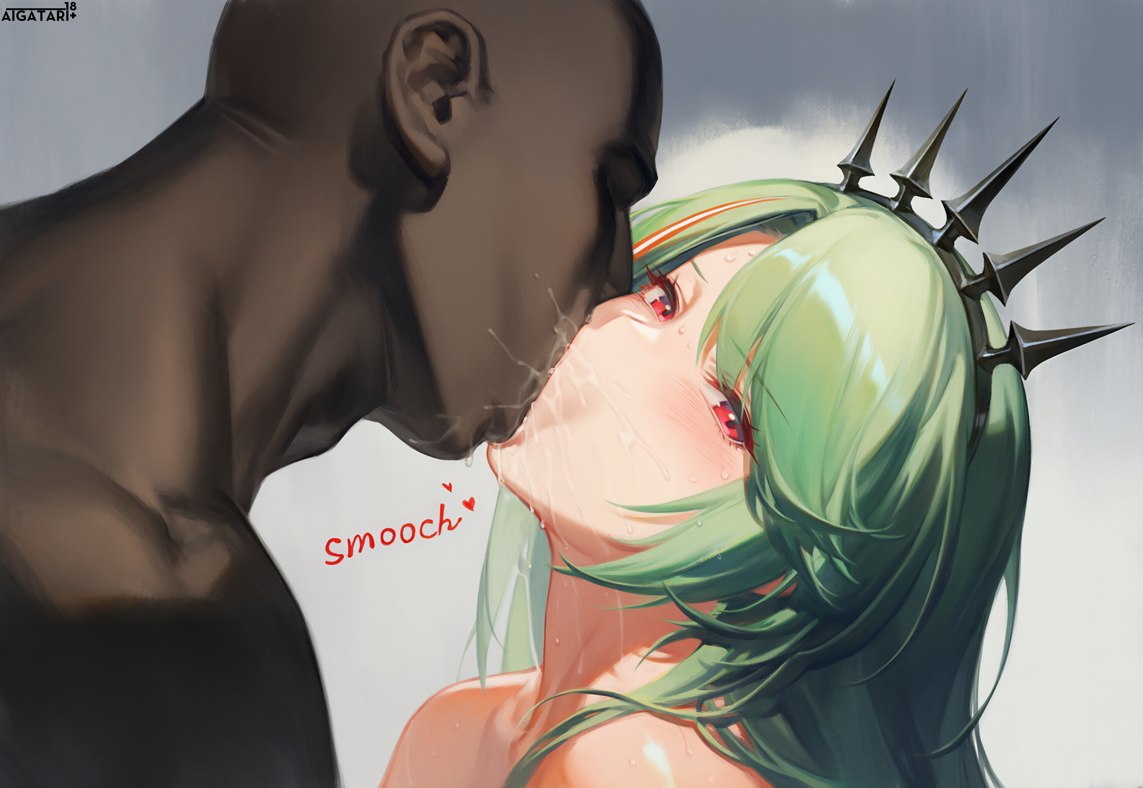 ai generated, aigatari, azur lane, breasts, cuck, cuckold, dark skin, dark-skinned male, green hair, handjob, huge breasts, interracial, kissing, littorio (azur lane), male, netorare, netorase, ntr, sweat, very dark skin