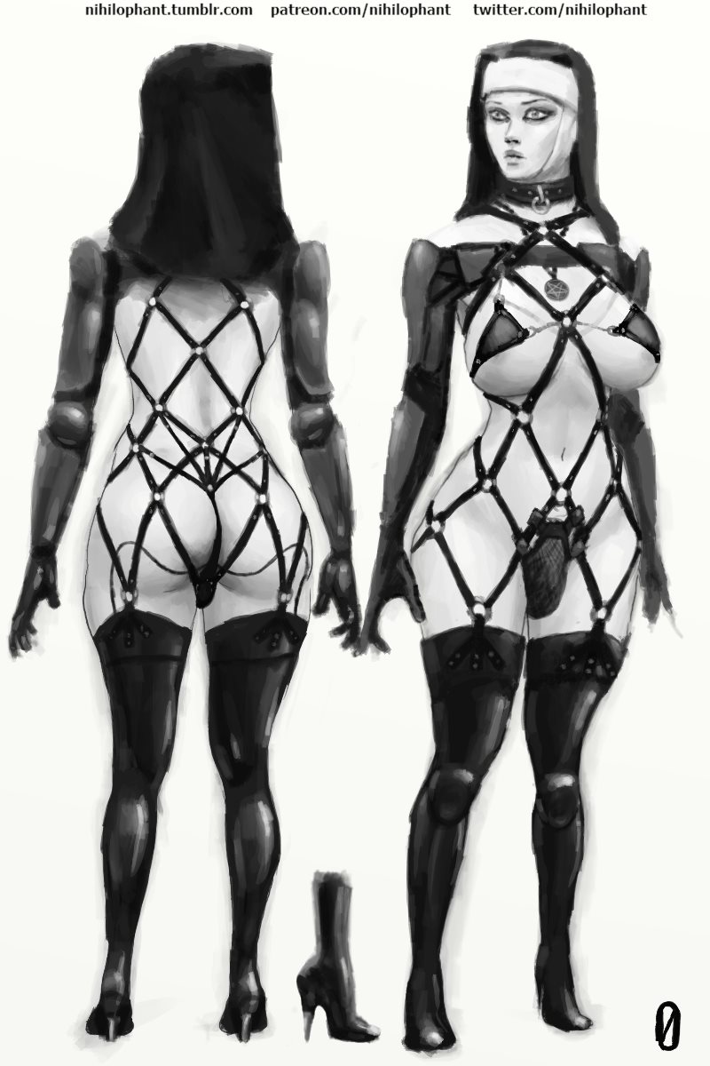 1futa dickgirl full-length_portrait full_length futa_only futanari intersex model_sheet monochrome nihilophant nun skimpy_clothes solo standing