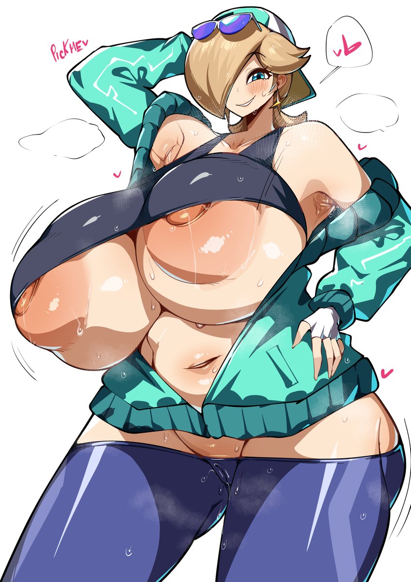 1girls, alternate breast size, blonde hair, breasts, female, female focus, female only, gigantic breasts, light skin, light-skinned female, looking at viewer, mario (series), mario kart, mario kart world, nintendo, peterh lewd, princess rosalina, princess rosalina (touring), solo, thick thighs, thighs, white background, wide hips