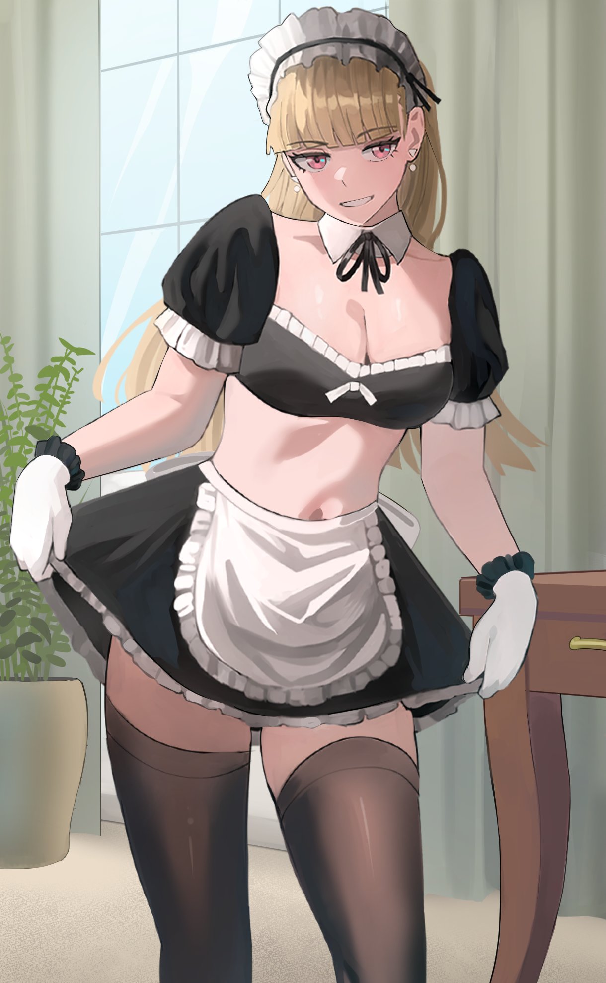 1girls, 2d, bare midriff, blonde hair, busty, claire (jourd4n), cleavage, female, female focus, female only, hourglass figure, jourd4n, light skin, light-skinned female, long hair, maid, maid headdress, maid uniform, original, pink hair, pinup, pinup pose, solo, tagme, wide hips