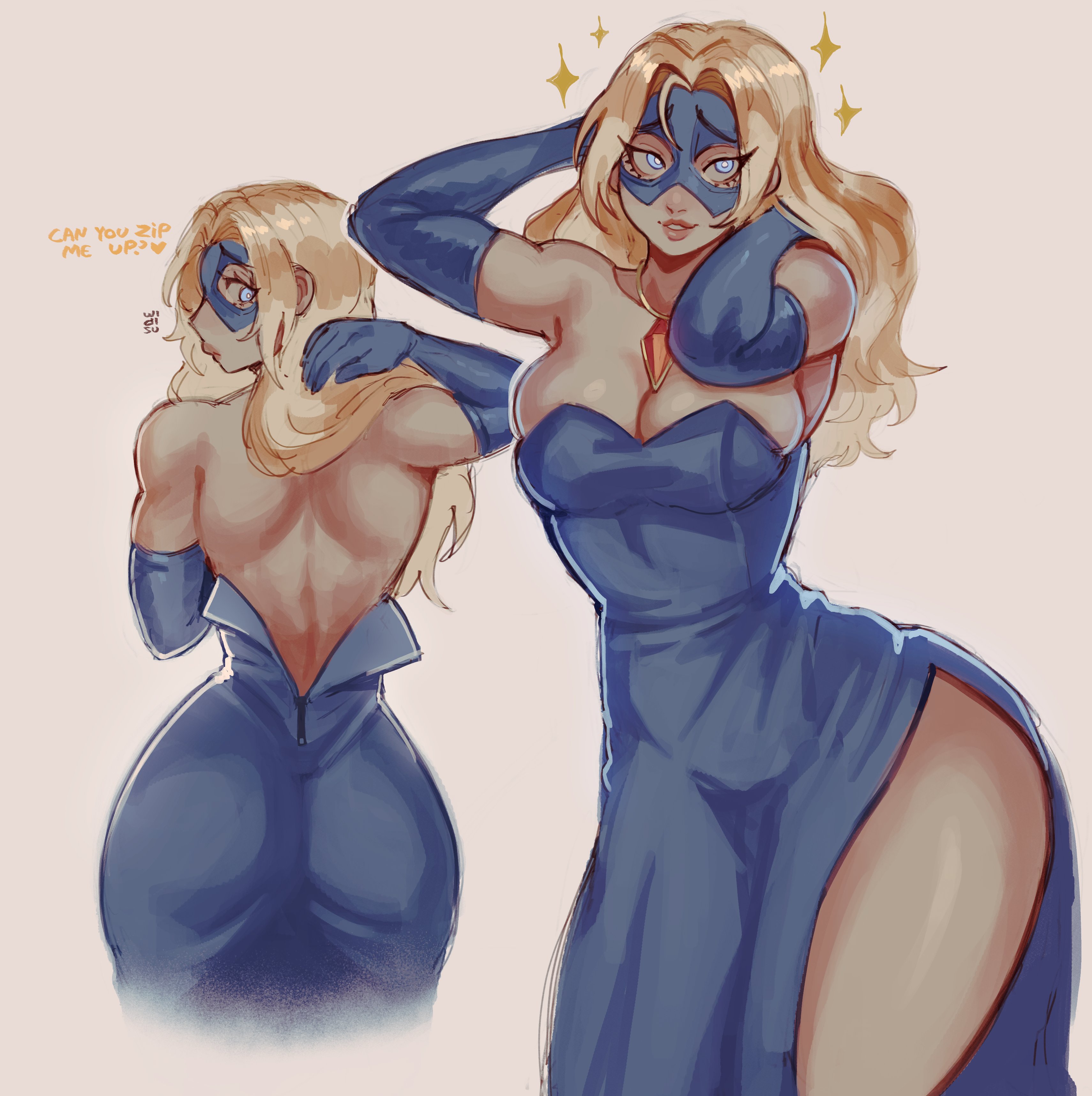 1female, 1girls, 2025, ass, bare back, blonde, blonde blazer, blonde female, blonde hair, blonde hair female, blonde-haired female, blue dress, blue eyes, breasts, curvaceous, curvaceous body, curves, curvy, curvy body, curvy female, curvy figure, digital media (artwork), dispatch (game), dress, english text, exposed hips, female, female focus, female only, heroine, hip cleavage, hourglass figure, large breasts, light skin, light-skinned female, mandy (dispatch), pillow shading, solo, solo female, superhero, superheroine, text, thick thighs, thighs, video game character, voluptuous, voluptuous female, wide hips, widisu