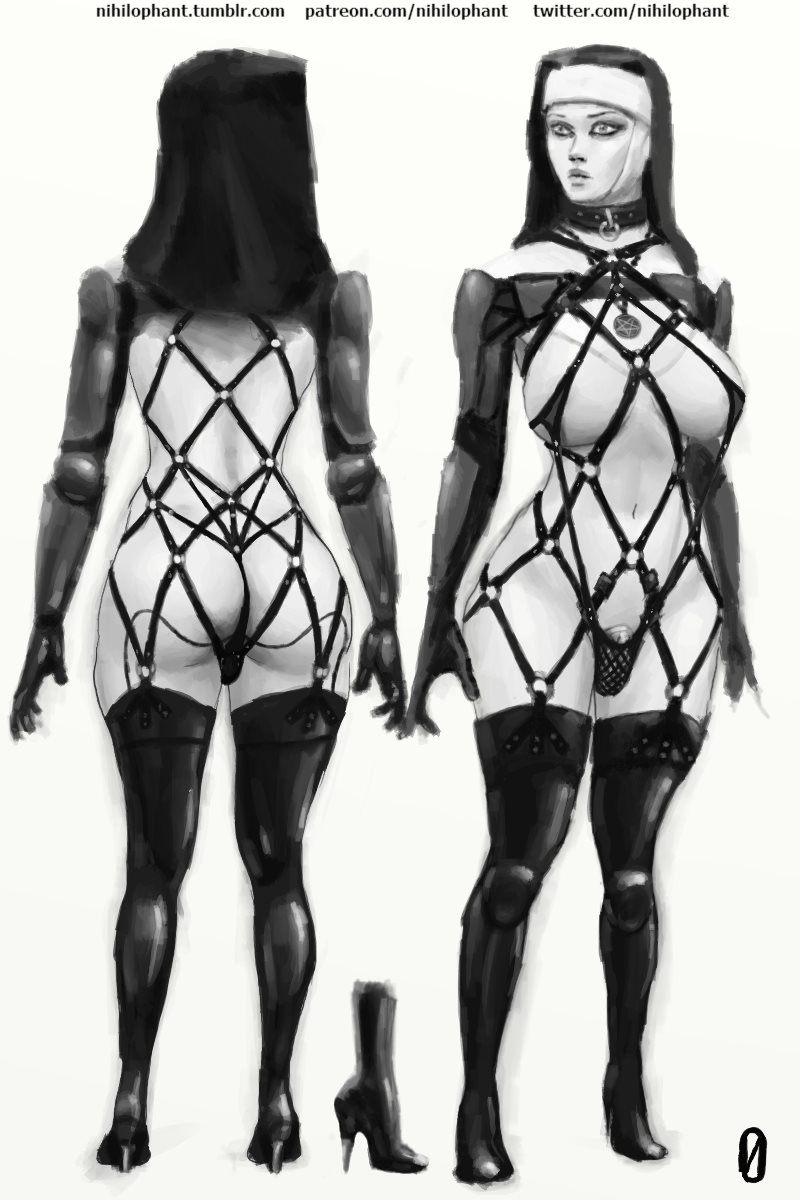 1futa dickgirl full-length_portrait full_length futa_only futanari intersex model_sheet monochrome nihilophant nun skimpy_clothes solo standing