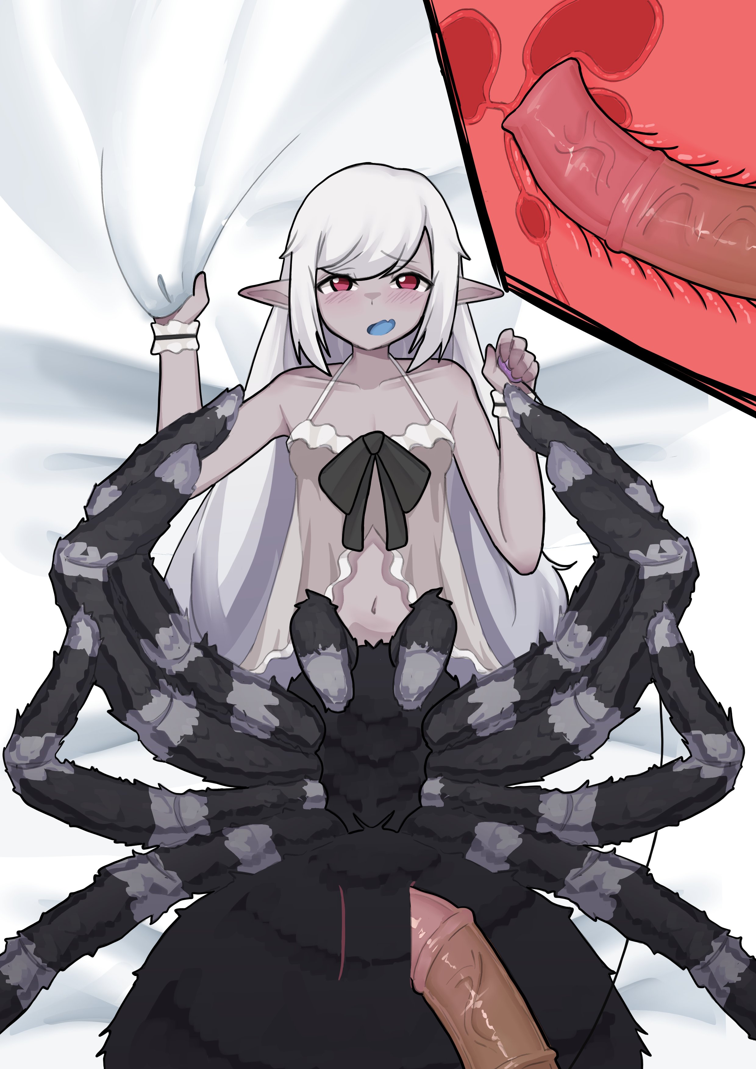 anatomically correct, anatomically correct genitalia, anatomically correct pussy, animal penis, arachne, arachnid, arachnid humanoid, arachnid taur, arachnophilia, babydoll, belly button, breasts, busujimabibi, controller, dildo, dildo in pussy, dildo insertion, dildo penetration, drider, female, female masturbation, flared dildo, grey body, grey skin, horse dildo, horsecock, indie virtual youtuber, indie vtuber, internal view, interspecies, long hair, lying on back, male, masturbation, monster, monster on female, multi eye, multi genitalia, object insertion, oerba yun fang, open mouth, penis, pointed ears, pointy ears, pussy, small breasts, spider, spider girl, spider humanoid, spider legs, spider taur, ssrfex, tarantula, tarantula girl, tarantula humanoid, tarantula taur, tummy, virtual youtuber, vtuber, vtuberfanart, white hair, x-ray, x-ray view