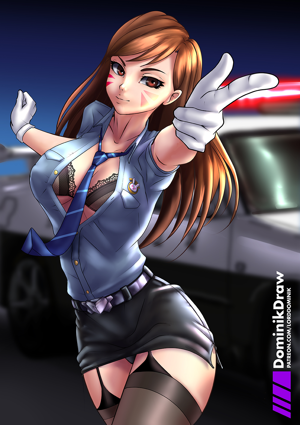 alternate costume, bra, breasts, brown hair, cleavage, d.va, female, female only, garter belt, long hair, looking at viewer, lord dominik, open shirt, overwatch, panties, police officer d.va, revealing clothes, skirt, solo, thighhighs