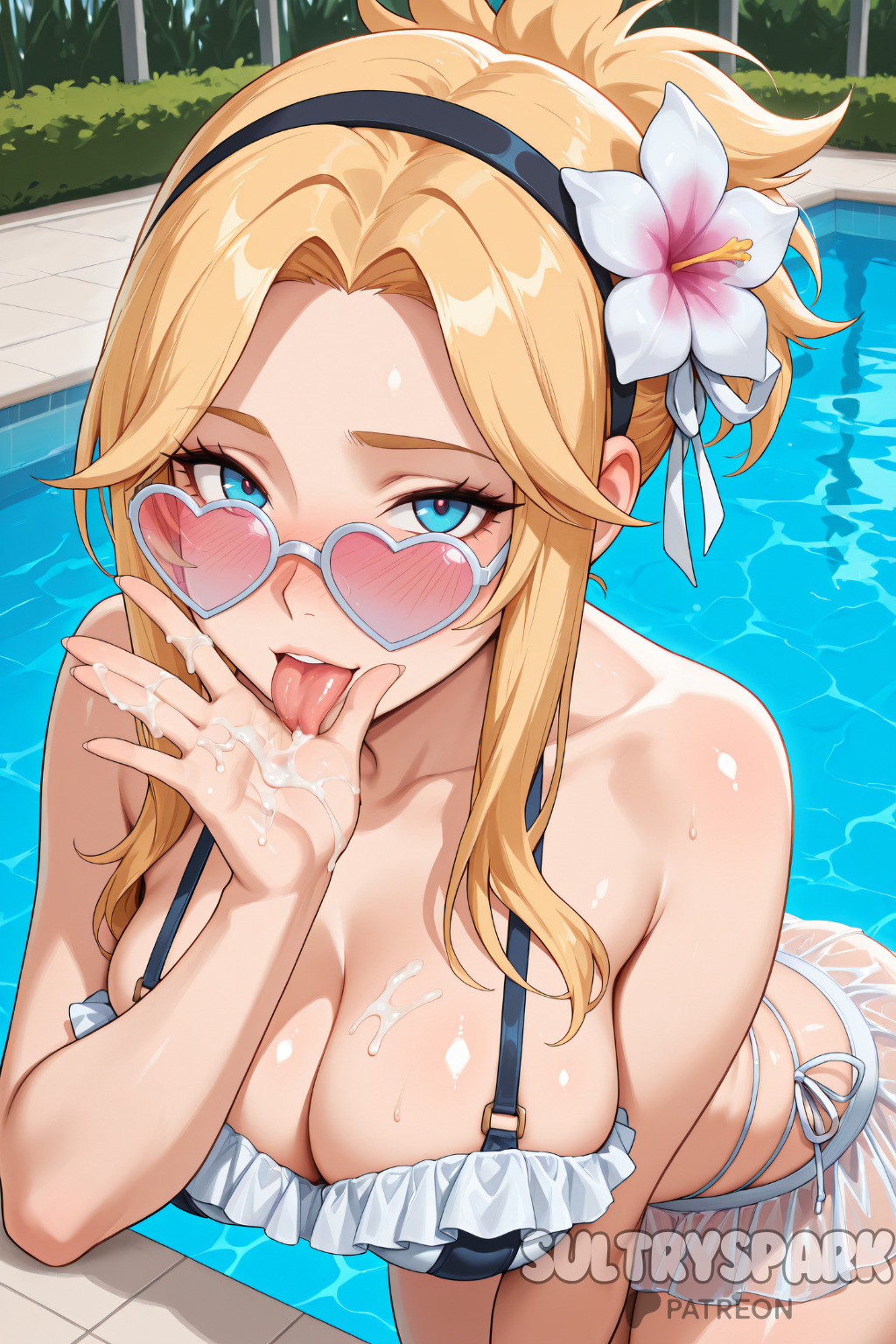 ai generated, bare shoulders, bikini, black bikini, black hairband, blonde hair, blue eyes, blush, breasts, cleavage, collarbone, cum, cum on body, female, flower, frilled bikini, frills, futarush, hair flower, hair ornament, hairband, heart, heart-shaped eyewear, heart-shaped pupils, large breasts, league of legends, league of legends: wild rift, leaning forward, long hair, looking at viewer, looking over eyewear, looking over sunglasses, luxanna crownguard, open mouth, outdoors, parted bangs, patreon, patreon username, pool, riot games, solo, sultryspark, sunglasses, swimsuit, symbol-shaped pupils, tinted eyewear, tongue, tongue out