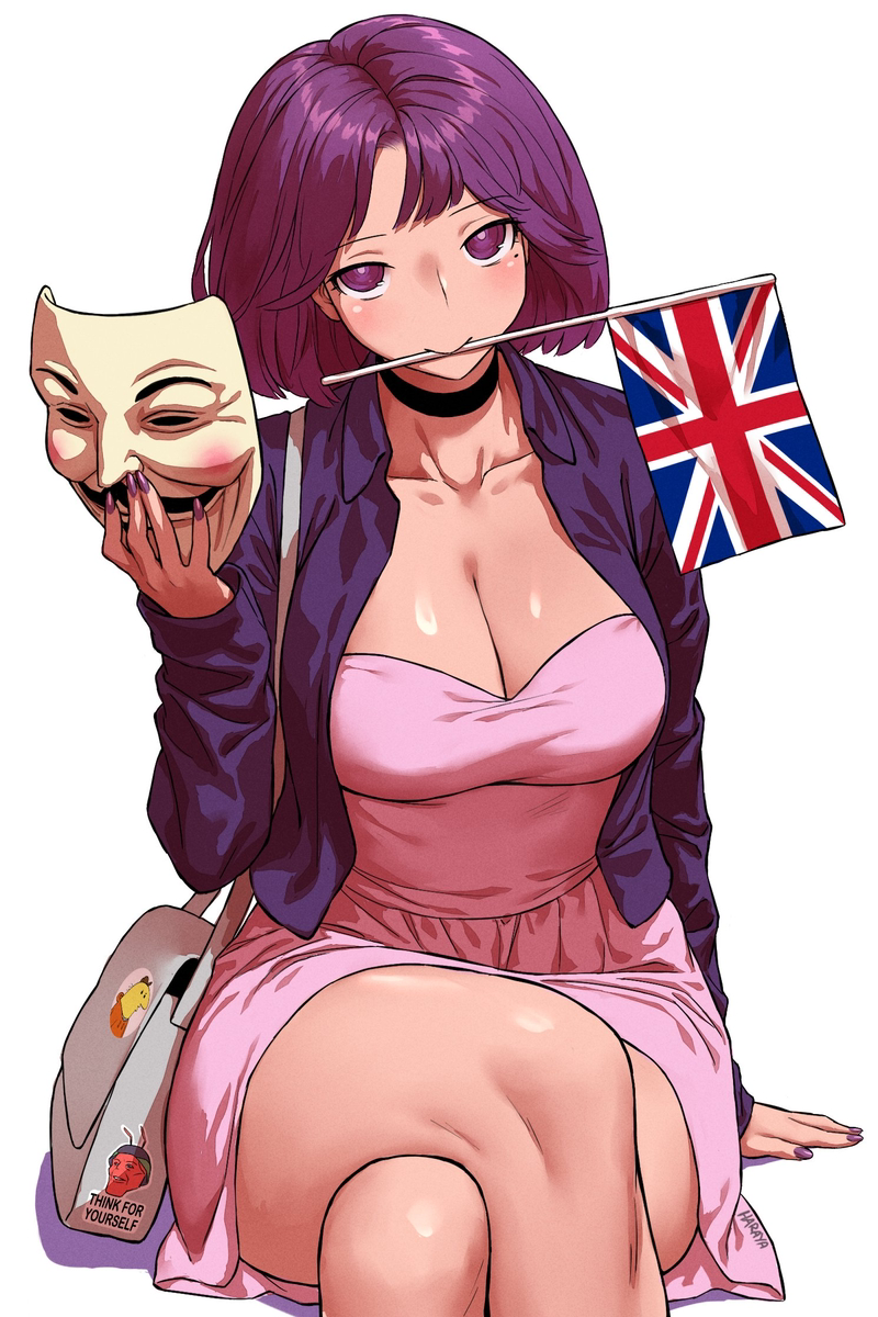 amelia (pathways), big breasts, blush, british, british flag, choker, female, flag, haraya, looking at viewer, mask, mole under eye, pathways (game), thick thighs, v for vendetta