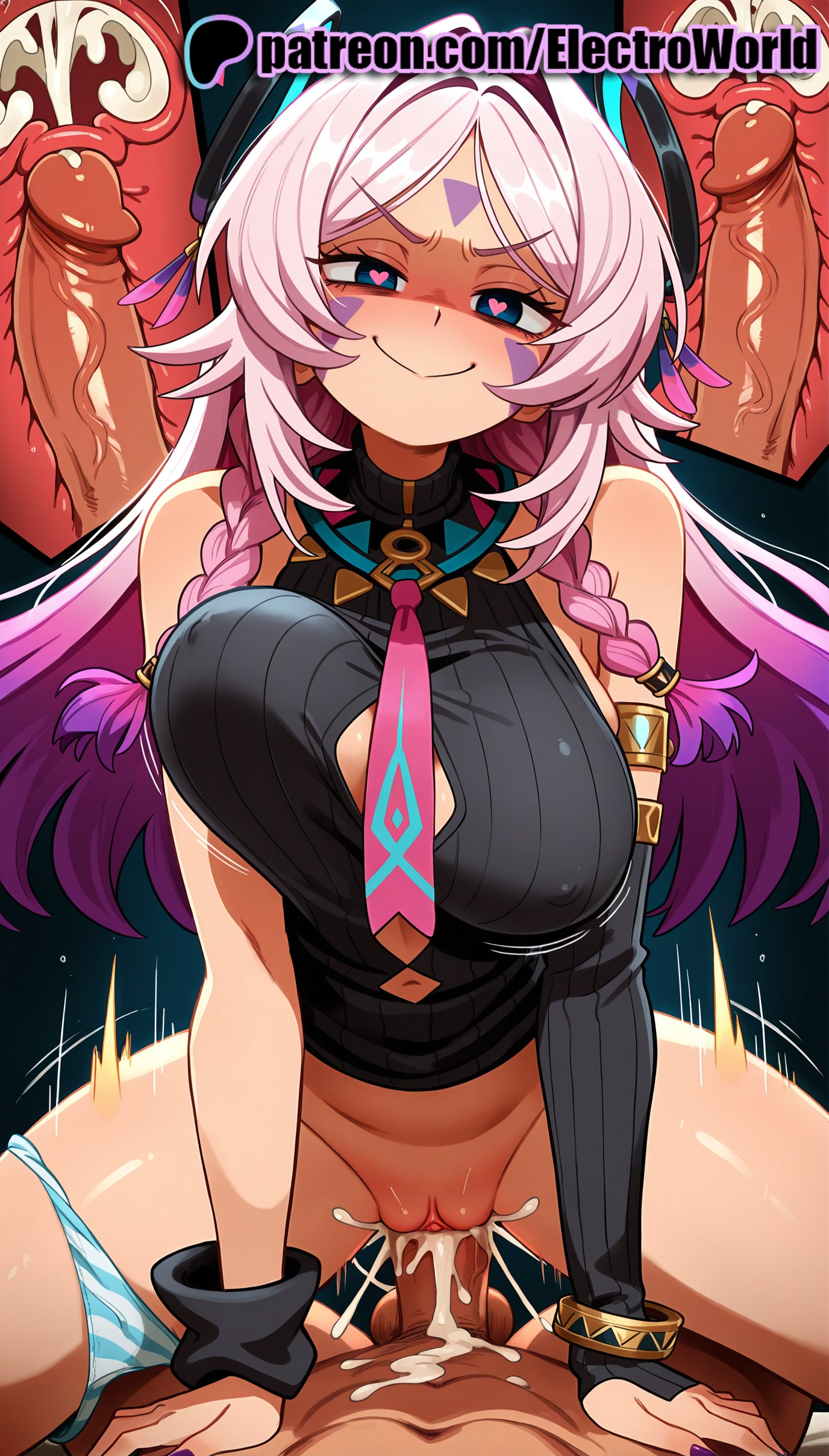 1boy, 1girls, 2025, ai generated, artist name, bare shoulders, blush, breasts, bust, cervix, chest, citlali (genshin impact), clitoral hood, clitoris, clothed female nude male, clothed sex, cock, cowgirl position, cross section, cum, cum in pussy, deep penetration, dick, ejaculation, electroworld, exposed pussy, female, female on top, fucking, genshin impact, hat, heart, heart-shaped pupils, hi res, high quality, high resolution, highres, intercourse, internal cumshot, juicy pussy, long hair, love making, male, male pubic hair, motion lines, overflow, ovum, panties, patreon, patreon username, penetration, penis, pink hair, pubic hair, pussy, riding, sex, sexual intercourse, smile, solo focus, sperm cell, stable diffusion, straddling, straight, striped, symbol-shaped pupils, tight pussy, uncensored, underwear, uterus, vagina, vaginal penetration, veins, veiny penis, very long hair, watermark, x-ray