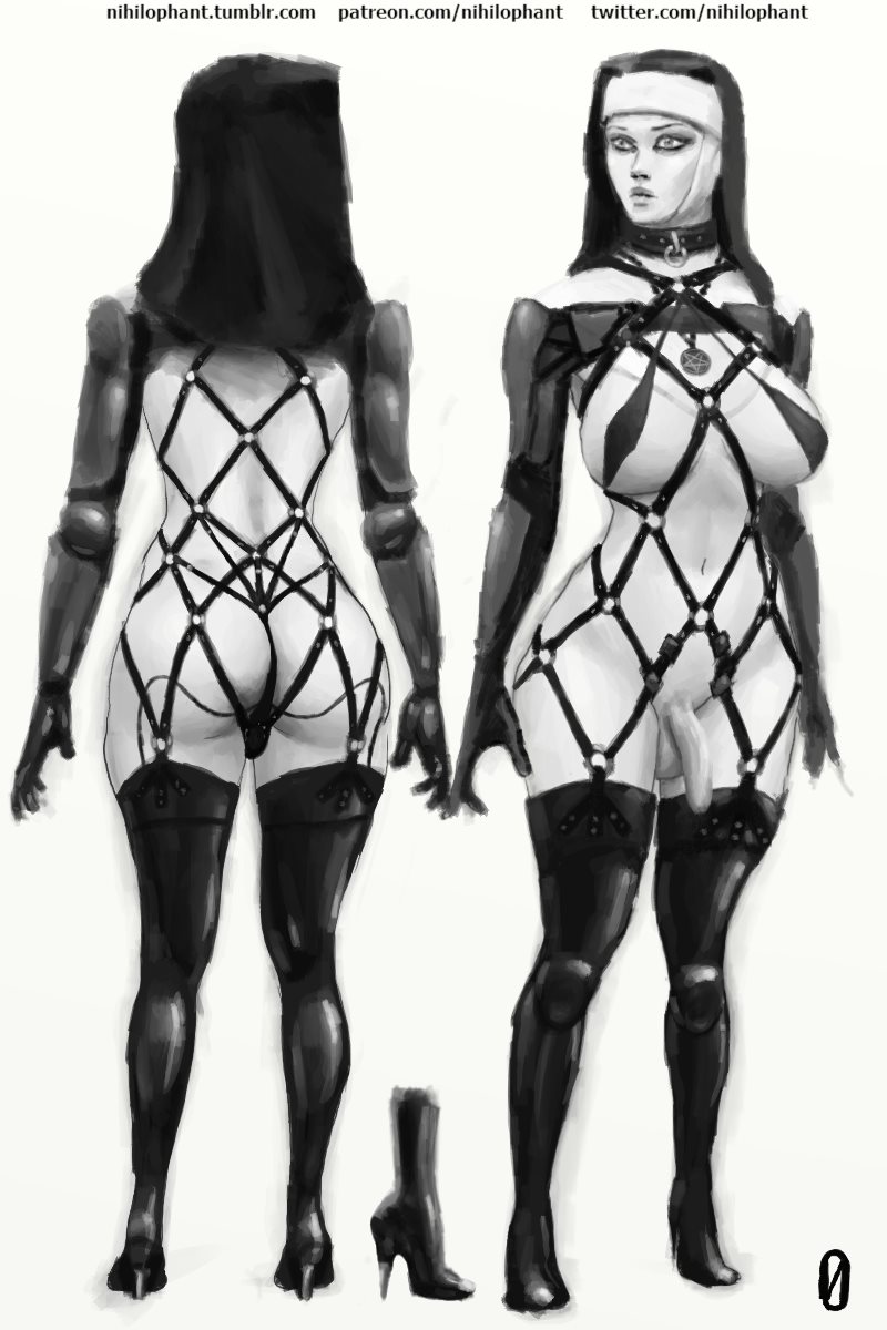 1futa dickgirl full-length_portrait full_length futa_only futanari intersex model_sheet monochrome nihilophant nun skimpy_clothes solo standing