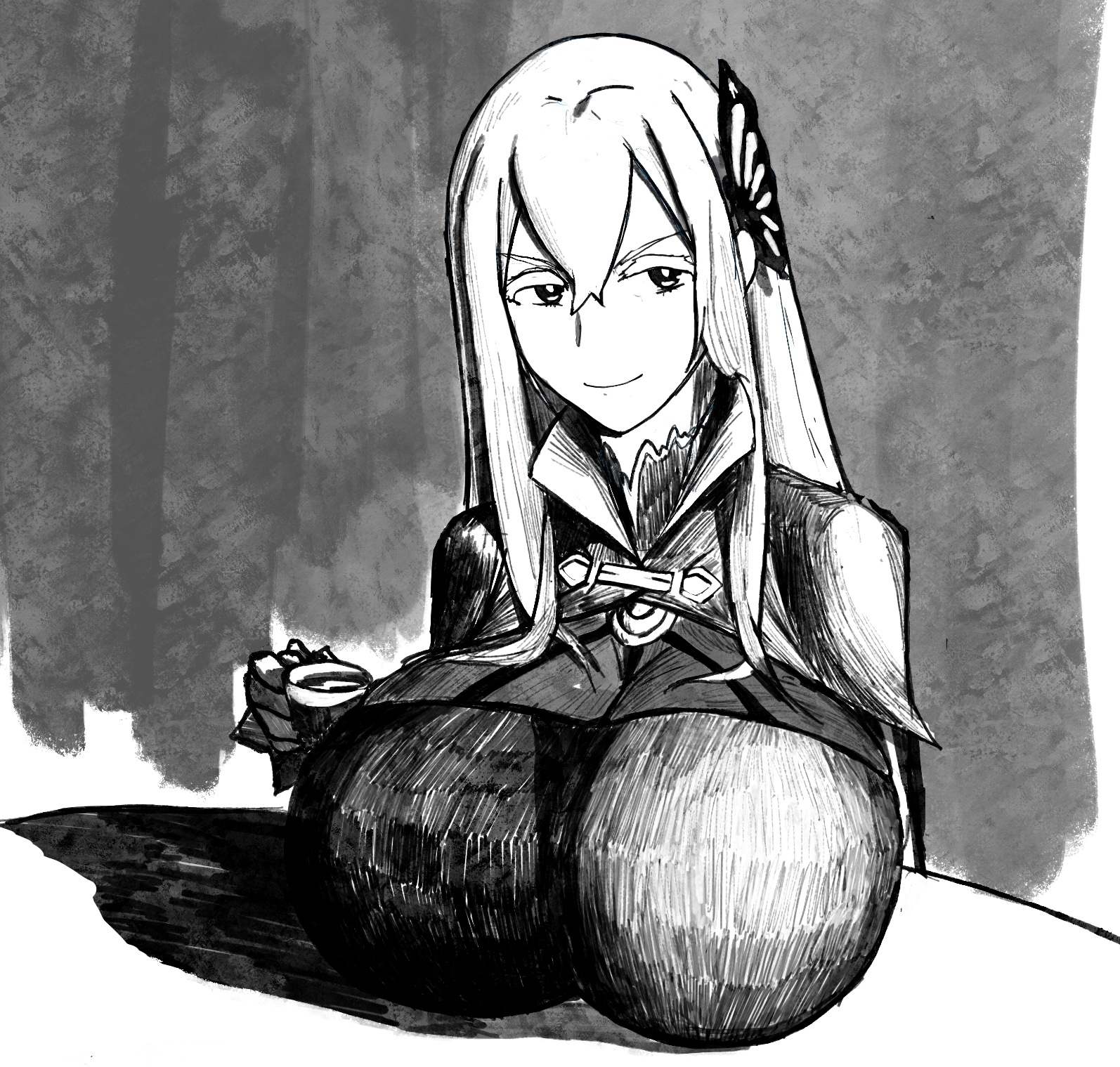 1girls, alternate breast size, breasts, breasts on table, busty, butterfly hair ornament, dress, echidna (re:zero), female, female only, holding object, huge breasts, large breasts, looking at viewer, massgrave, monochrome, re:zero kara hajimeru isekai seikatsu, smile, solo, teacup, white pupils