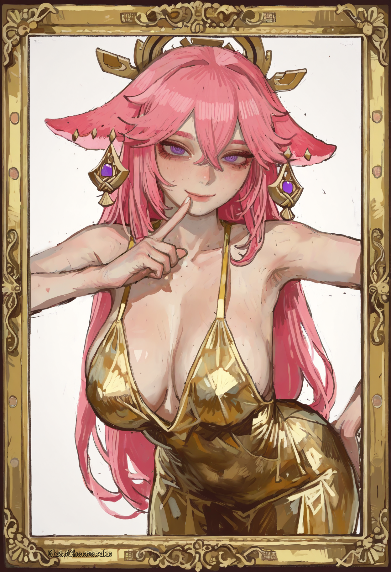 ai generated, armpits, ass, bare shoulders, bent over, big breasts, blush, breasts, cleavage, closed mouth, collarbone, covered nipples, dress, earring, eyelashes, female, female focus, female only, framed picture, genshin impact, glasscheesecake, gold jewelry, golden accessories, hair accessory, hair between eyes, hair ornament, hand on ass, index finger raised, long hair, long-haired female, looking at viewer, mascara, nipple bulge, nipples, patreon, patreon username, pink eyebrows, pink hair, pointing at mouth, pointing at self, purple eyes, sideboob, small waist, smile, solo, standing, thighs, watermark, yae miko, young, young girl