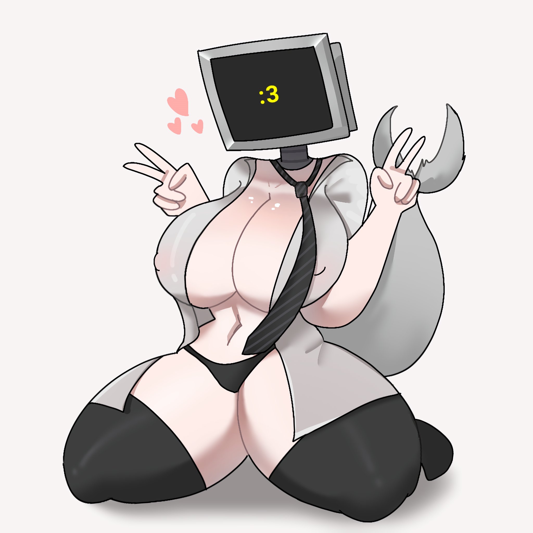 :3, 1girls, 2d, artist request, big breasts, black stockings, breasts, character request, female, female only, screen face, shark tail, sitting, skibidi toilet, solo, thighs, thunder thighs, tie, tv head, tv screen