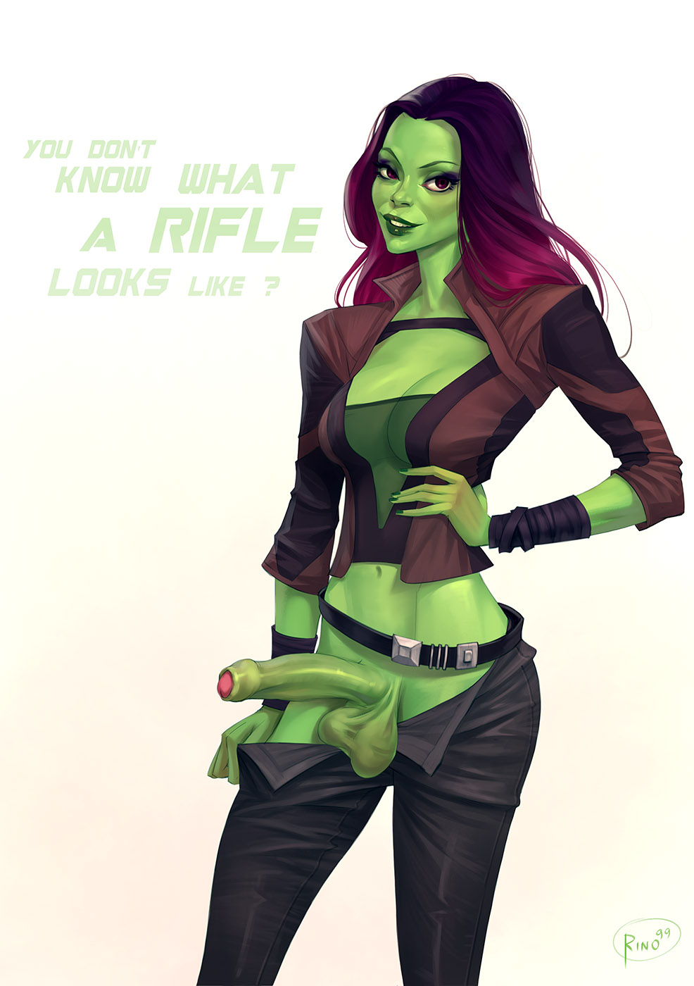 1futa, 2d, alien, alien futa, alien look like human, balls, breasts, cleavage, dickgirl, erection, fit, foreskin, futa only, futanari, gamora, green penis, green skin, green-skinned futa, guardians of the galaxy, intersex, looking at viewer, marvel, marvel comics, no panties, pants down, penis, redhead, rino99, solo, testicles, text, uncircumcised, uncut