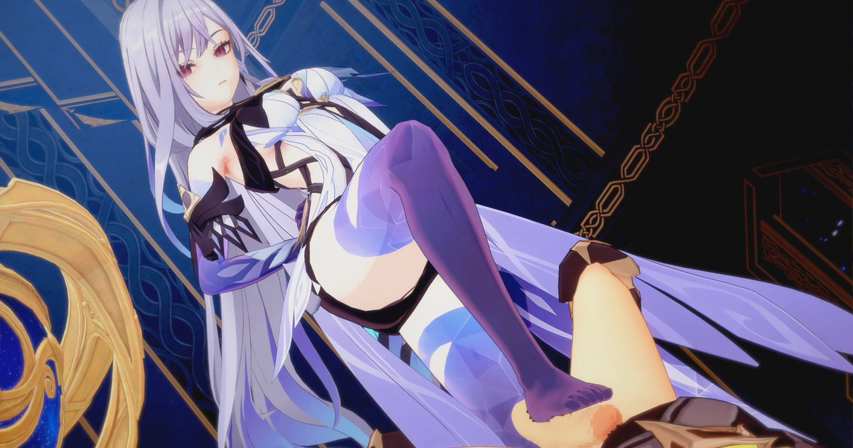 1boy, 1girls, 3d, aether (genshin impact), big penis, boots, censored, dominant male, feet, female, femdom, foot fetish, genshin impact, gloves, hnamomo, koikatsu, long hair, male, male pov, mihoyo, mosaic censoring, penis, pleasure face, skirk (genshin impact), stomping, taller female, training