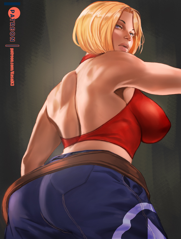 1girls alternate_ass_size alternate_breast_size ass big_ass big_breasts blonde_female blue_mary breasts cleavage fatal_fury female female_only kasai_x3 king_of_fighters large_breasts lejeanx3 looking_at_viewer looking_back snk solo