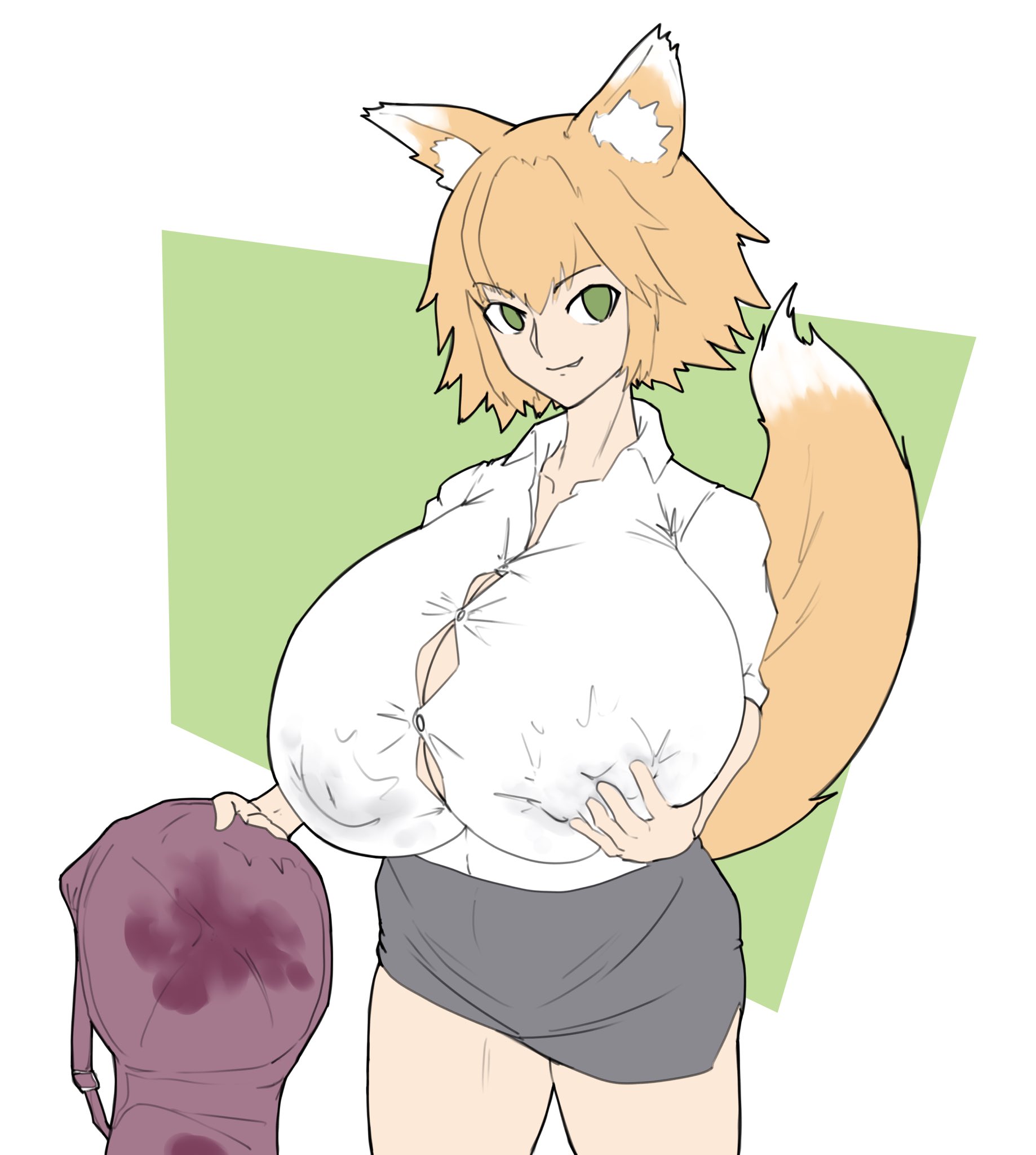 1girls, blonde hair, bra, bra removed, breasts, breasts bigger than head, bursting breasts, buttons, cleavage, dress shirt, female, female only, fox ears, fox girl, fox tail, green eyes, himiko yuna, holding bra, holding breast, huge breasts, lactation, lactation through clothes, lactation without expressing, massgrave, massive breasts, milk stain, office lady, original character, short hair, skirt, smile, solo, stain