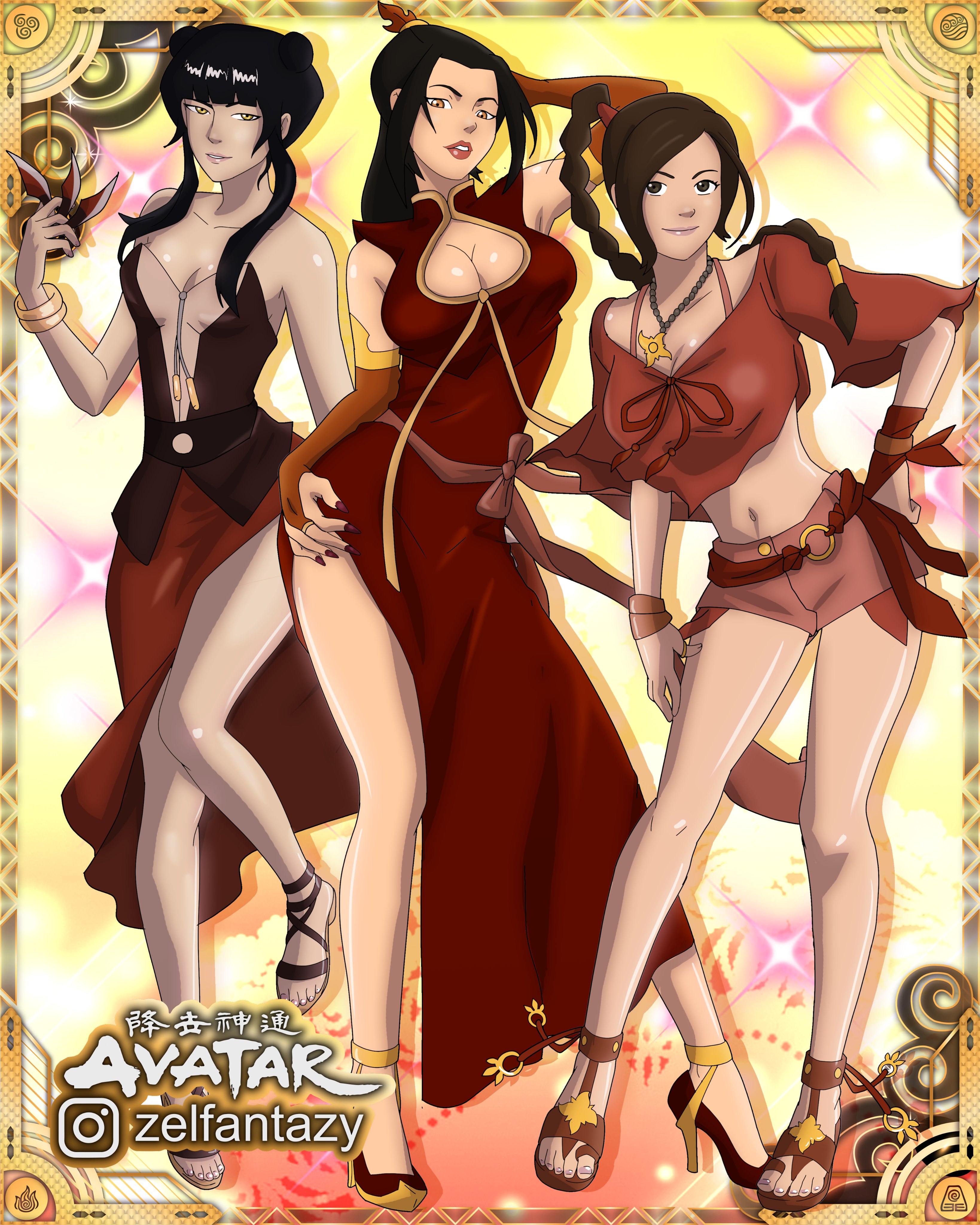 3girls, alternate costume, avatar legends, avatar the last airbender, azula, cleavage, dress, female, female only, fire nation, high heels, mai (avatar), maroon nails, nail polish, nickelodeon, pink nails, short shorts, ty lee, zelfantazy