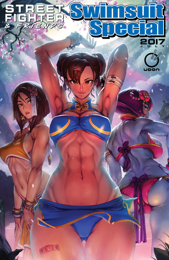 3girls abs asian asian_female ass bikini blue_skin capcom chinese chinese_female chun-li cleavage company_connection crossover cutepet darkstalkers female hsien_ko human jiangshi lei-lei lei_lei lin-lin medium_breasts mei-ling muscular muscular_female official_art small_breasts standing street_fighter swimsuit thigh_gap udon_entertainment