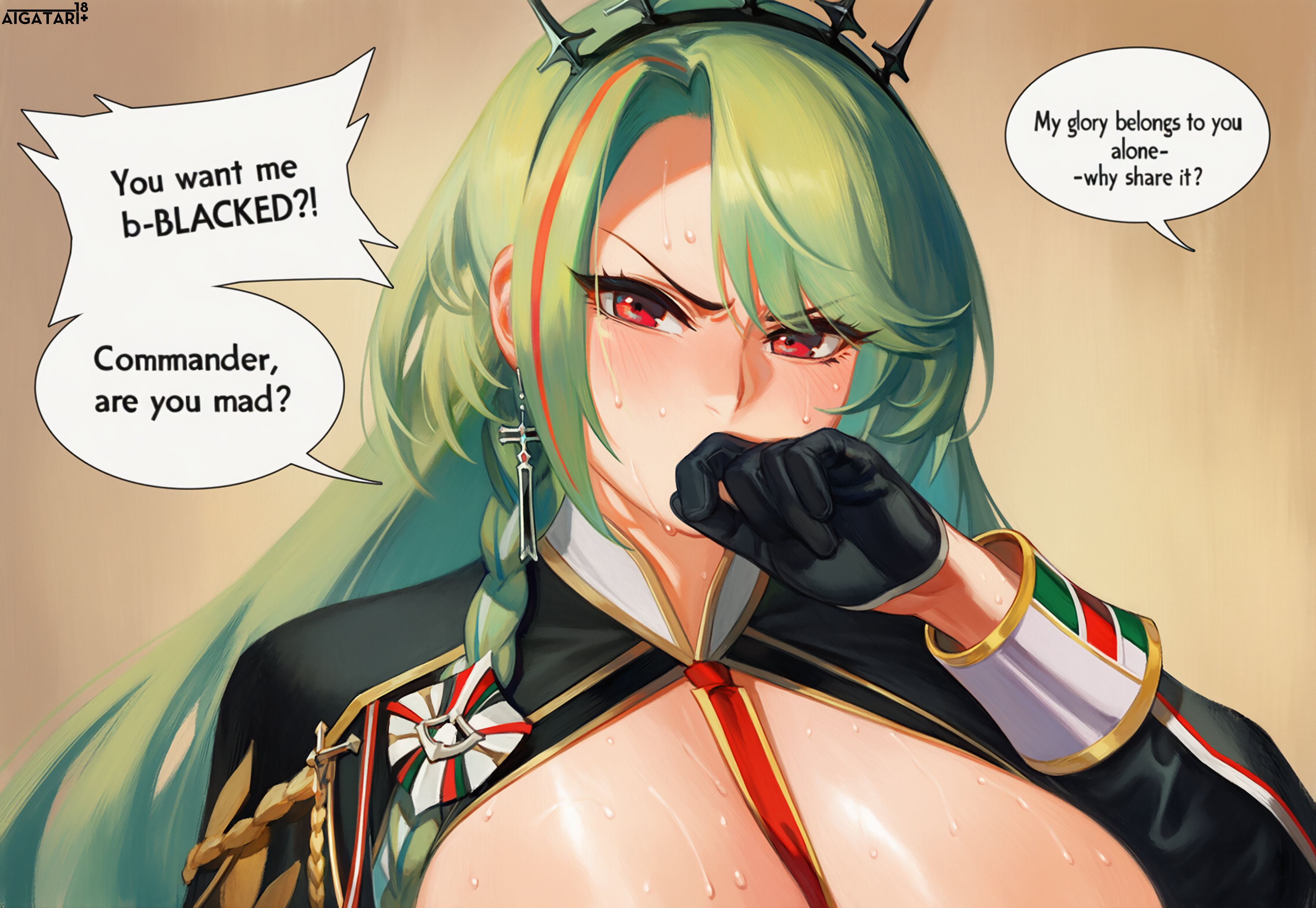 ai generated, aigatari, azur lane, breasts, cuck, cuckold, dark skin, dark-skinned male, green hair, huge breasts, interracial, littorio (azur lane), male, netorare, netorase, ntr, sweat, very dark skin