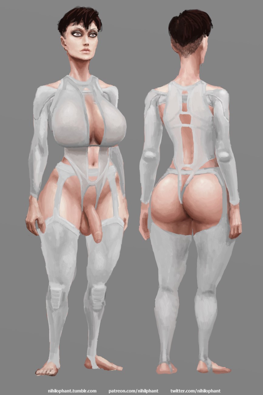 1futa dickgirl full-length_portrait full_length futa_only futanari intersex model_sheet nihilophant skimpy_clothes solo standing toeless_legwear