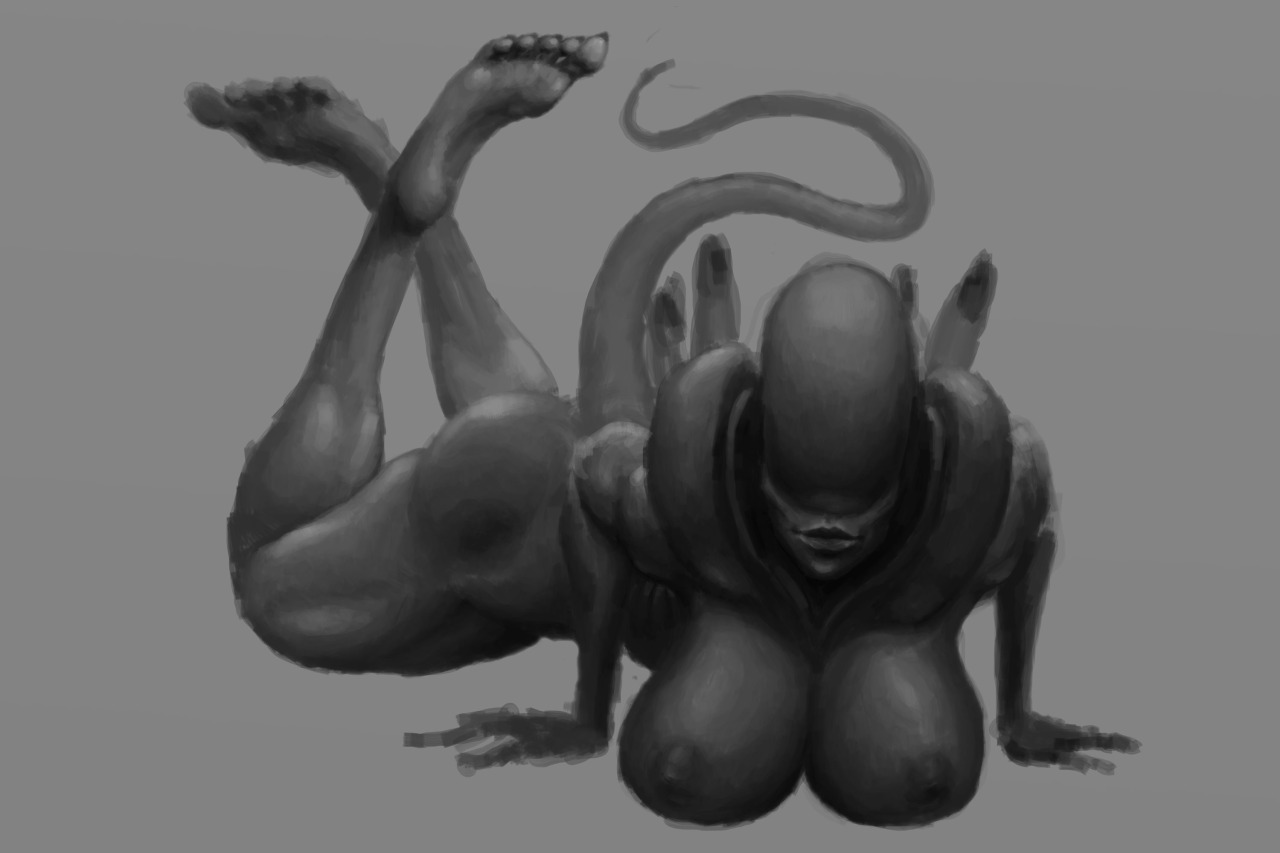 1girls, 2d, alien, alien (franchise), female, female only, female xenomorph, feral only, monochrome, nihilophant, pose, posed, solo, solo female, xenomorph