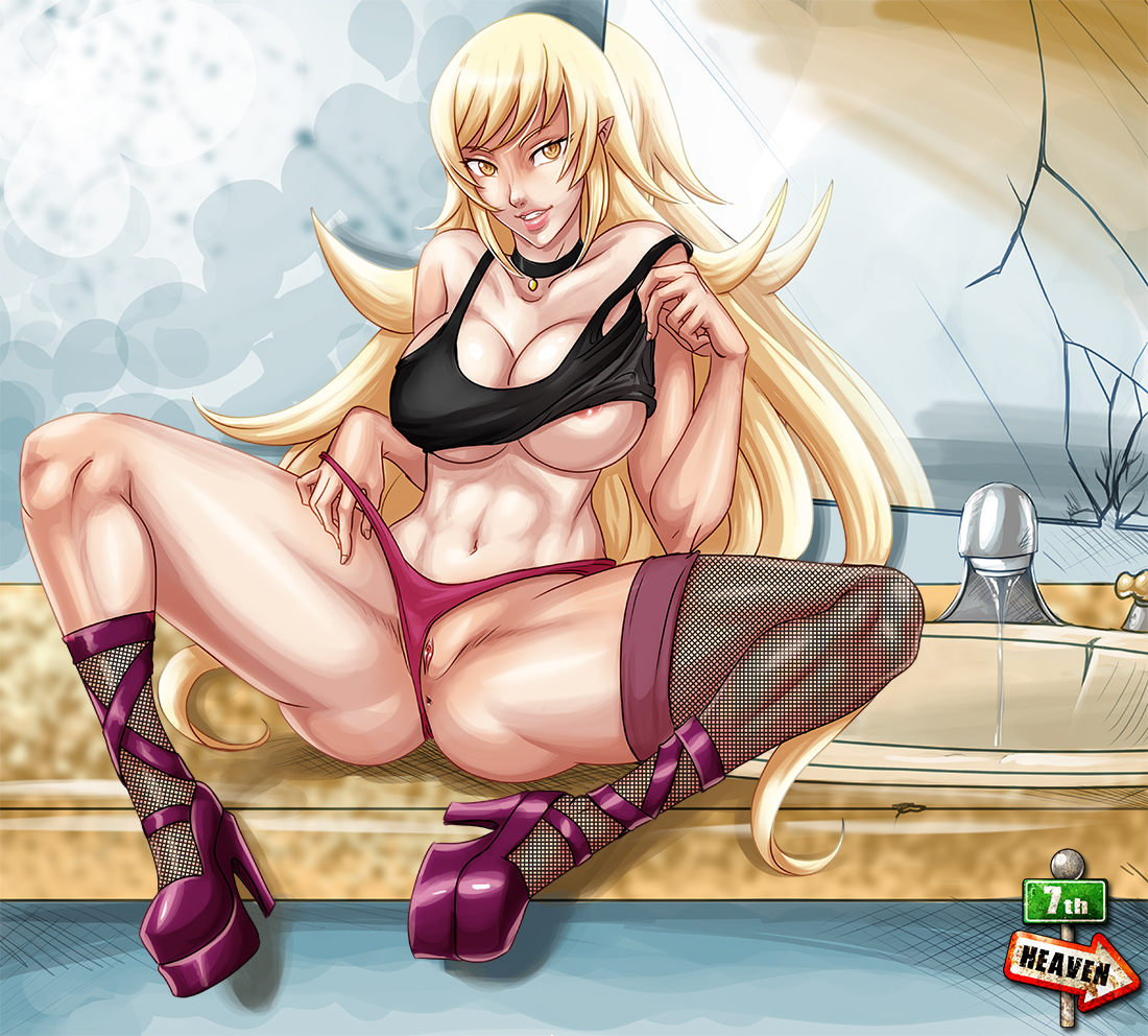 7th-heaven, anus, ass visible through thighs, breasts, cleavage, collar, female, fishnet legwear, fishnets, high heels, kiss-shot acerola-orion heart-under-blade, kizumonogatari, long hair, looking at viewer, monogatari (series), navel, nipples, no bra, nude, off shoulder, oshino shinobu, panties, panties aside, platform footwear, platform heels, pointy ears, pussy, single thighhigh, solo, tank top, thighhighs, underboob, underwear, vampire, very long hair, yellow eyes