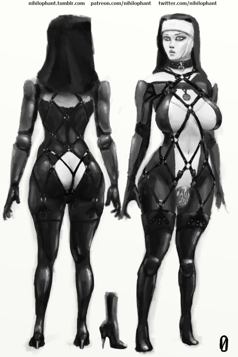 1futa dickgirl full-length_portrait full_length futa_only futanari intersex model_sheet monochrome nihilophant nun skimpy_clothes solo standing