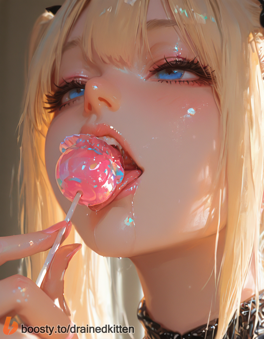 ai generated, blonde hair, blue eyes, boosty, boosty username, candy, close-up, dead or alive, drainedkitten, eyelashes, female, fingernails, food, holding, holding candy, holding food, licking, lips, lollipop, long hair, marie rose, open mouth, patreon username, portrait, saliva, sexually suggestive, solo, suggestive, teeth, tongue, tongue out, twintails, web address